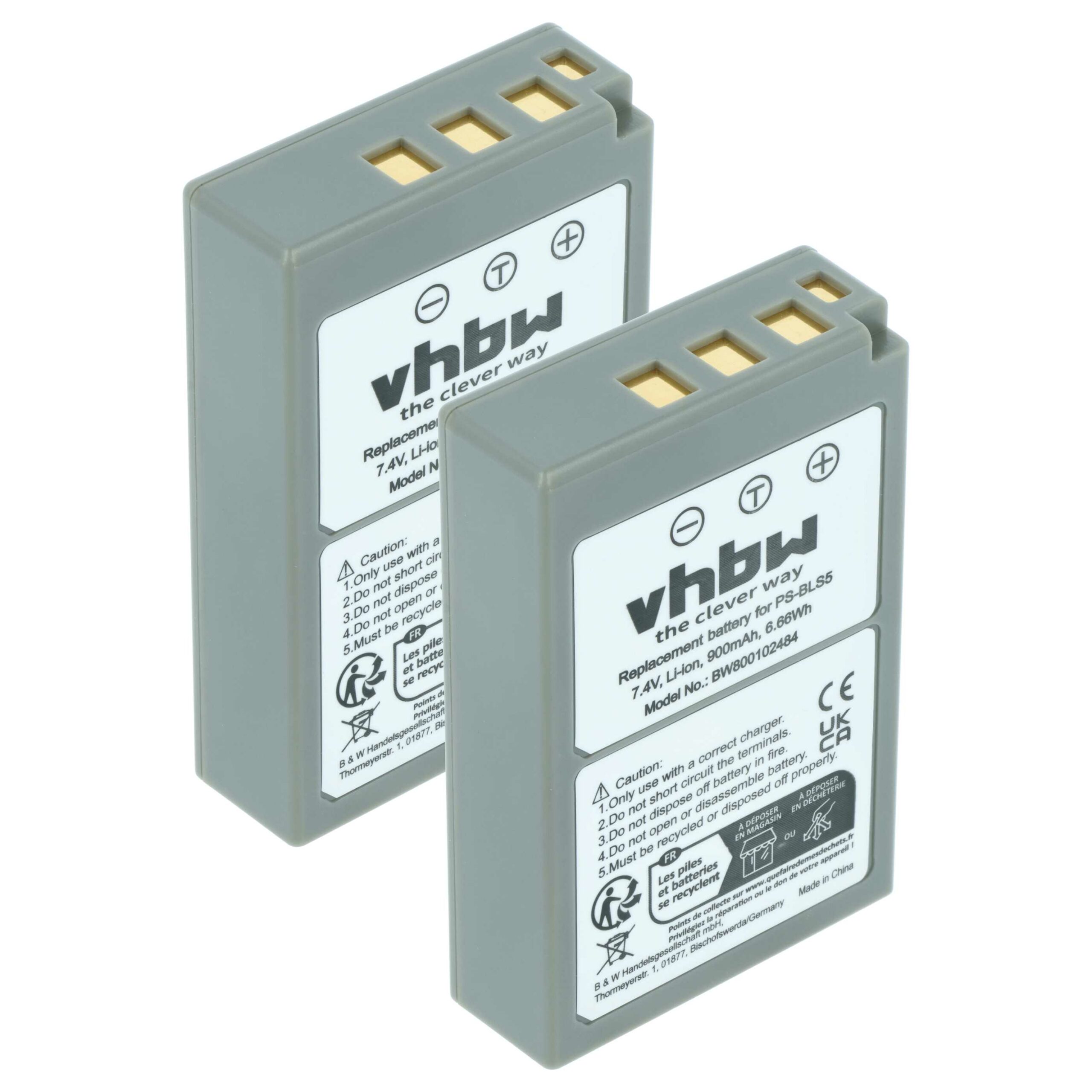 2x Bateria substitui Olympus PS-BLS5, BLS50, BLS-5, BLS-50 - 900mAh, 7.2V, Li-Ion