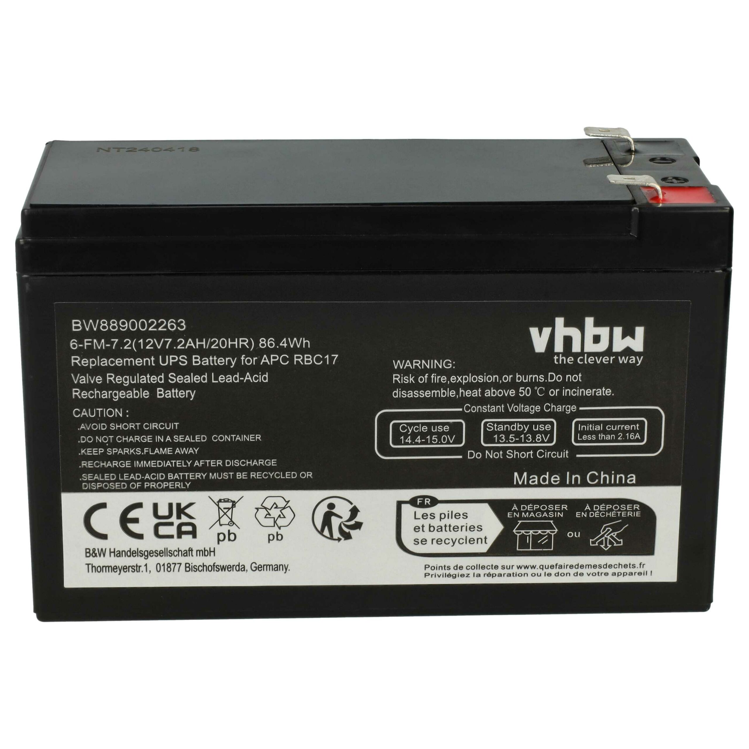 Bateria UPS vhbw compatível com APC RBC17 - 12 V 7.2 Ah AGM - Image 3