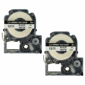 2x Fita de Etiquetas compatível com Epson SS12KW, LC-4WBN - 12 mm Preto sobre Branco