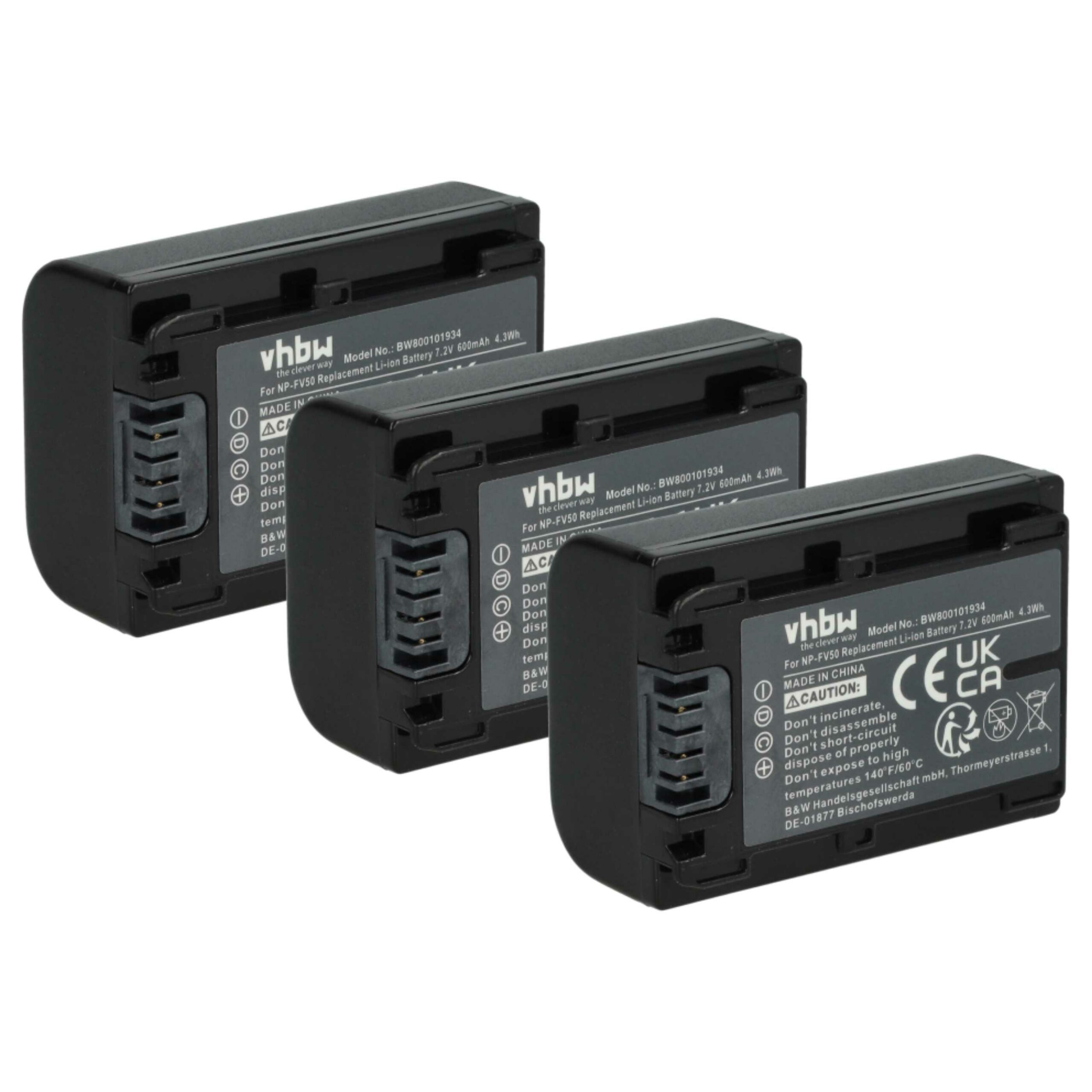 Bateria vhbw 3x para Câmaras Sony - Compatível NP-FV40, NP-FV50, NP-FV30 - 600 mAh 7.2 V Li-Ion