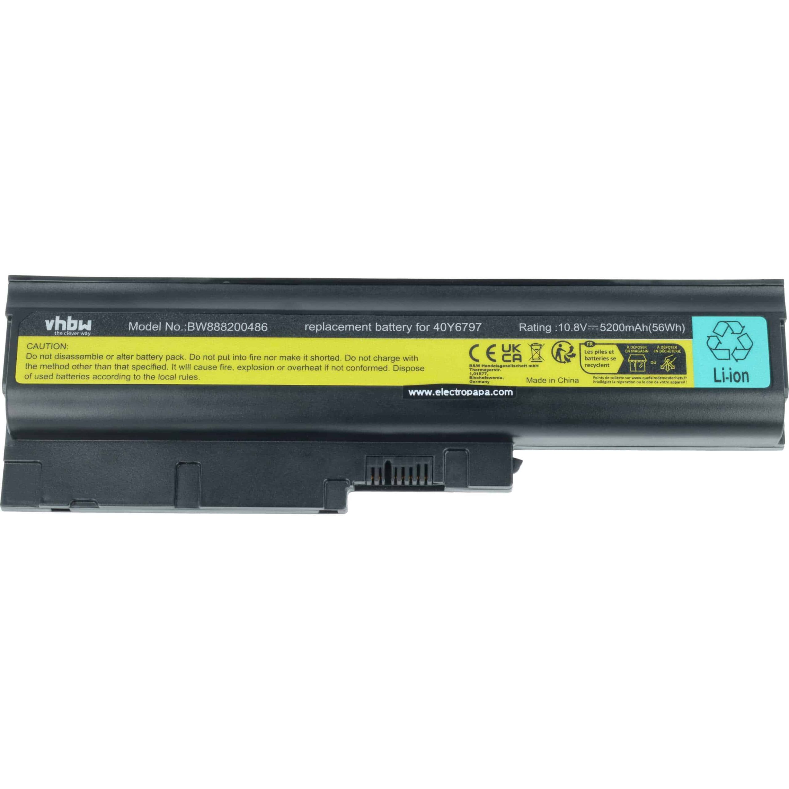 Bateria para Portátil vhbw compatível com IBM/Lenovo 40Y6797, 40Y6798, 40Y6799, 40Y6795 - 5200 mAh 10.8 V Li-Ion - Image 3