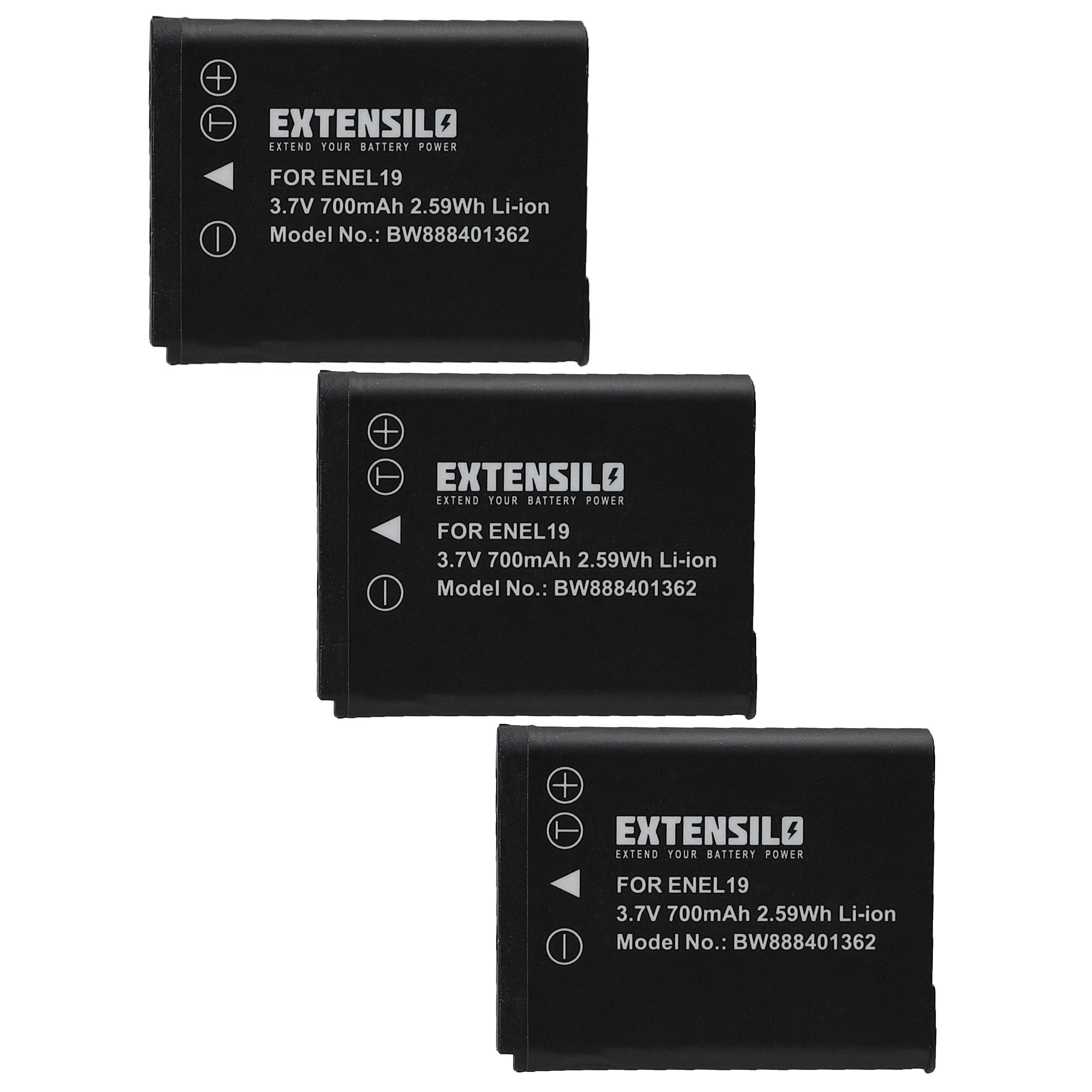 Pack 3x Bateria EXTENSILO para Nikon EN-EL19 - 700mAh, 3.7V, Li-Ion