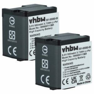 Bateria vhbw 2x para Câmara Garmin - Substituição 010-01363-10, 010-12256-01, 361-00080-00 - 980 mAh 3.8V Li-polímero