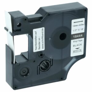 Fita de Etiquetas compatível com Dymo 18444 - 12 mm Preto sobre Branco, Vinil