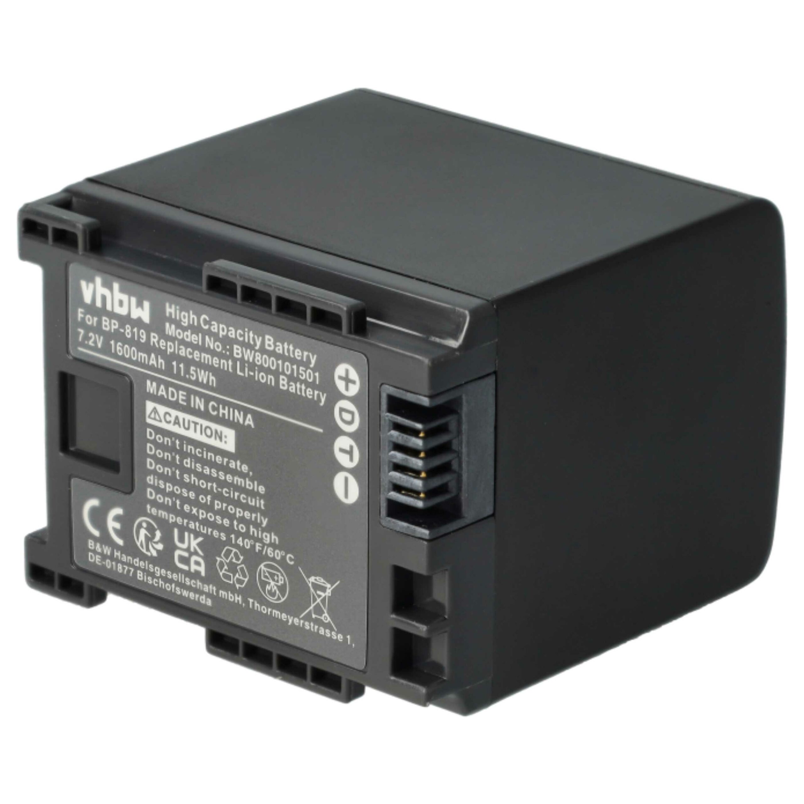 Bateria vhbw para Câmaras Canon — Substitui BP-828, BP-827, BP-820 — 1600 mAh 7.2 V Li-Ion