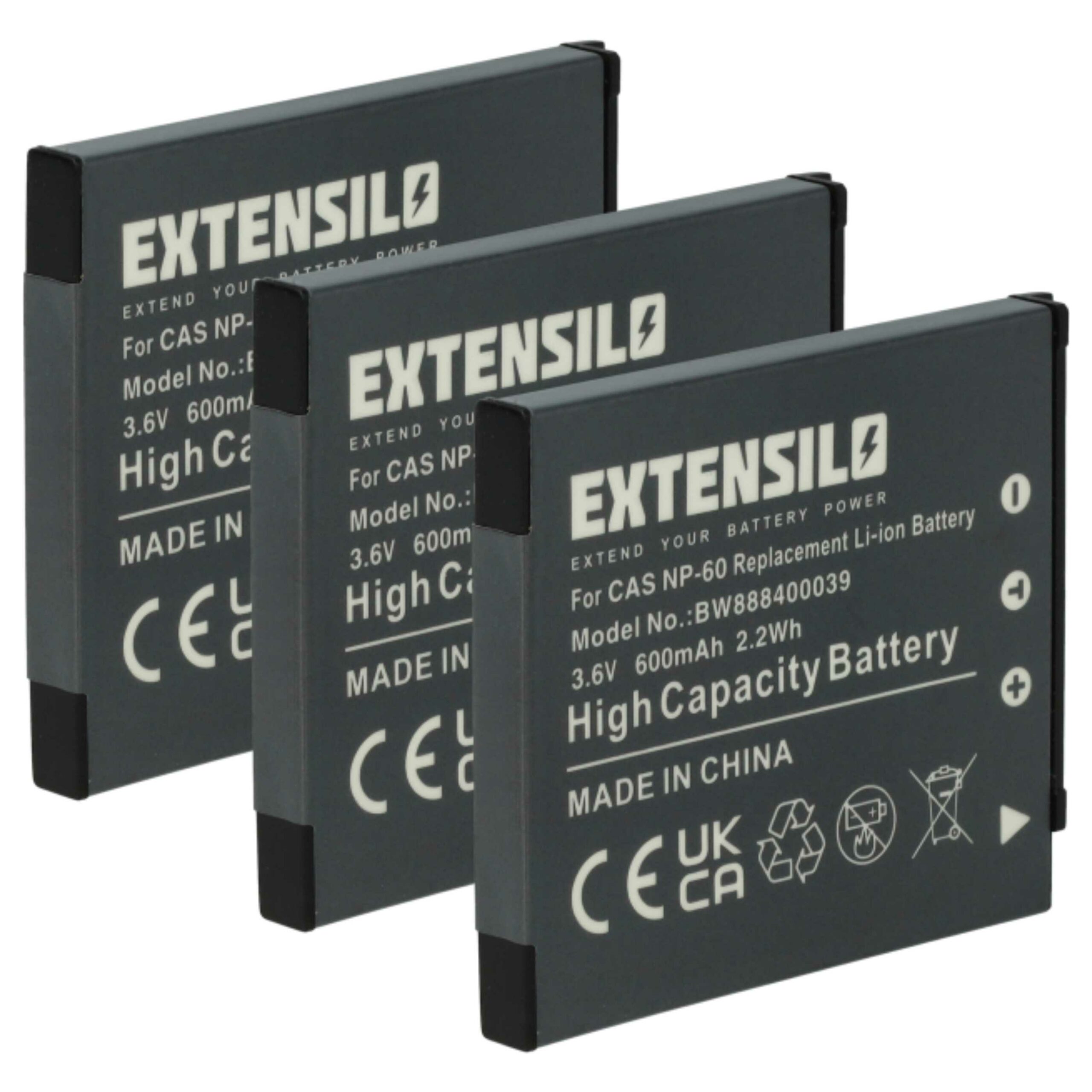 3x Bateria compatível com Casio NP-60 - 600mAh, 3.7V, Li-Ion