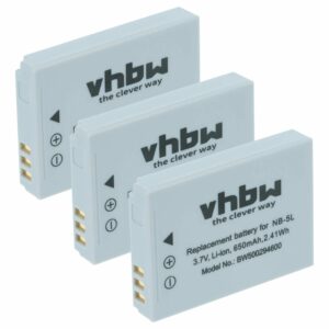 Pack com 3 Baterias vhbw NB-5L para Canon - 650mAh, 3.6V, Li-Ion