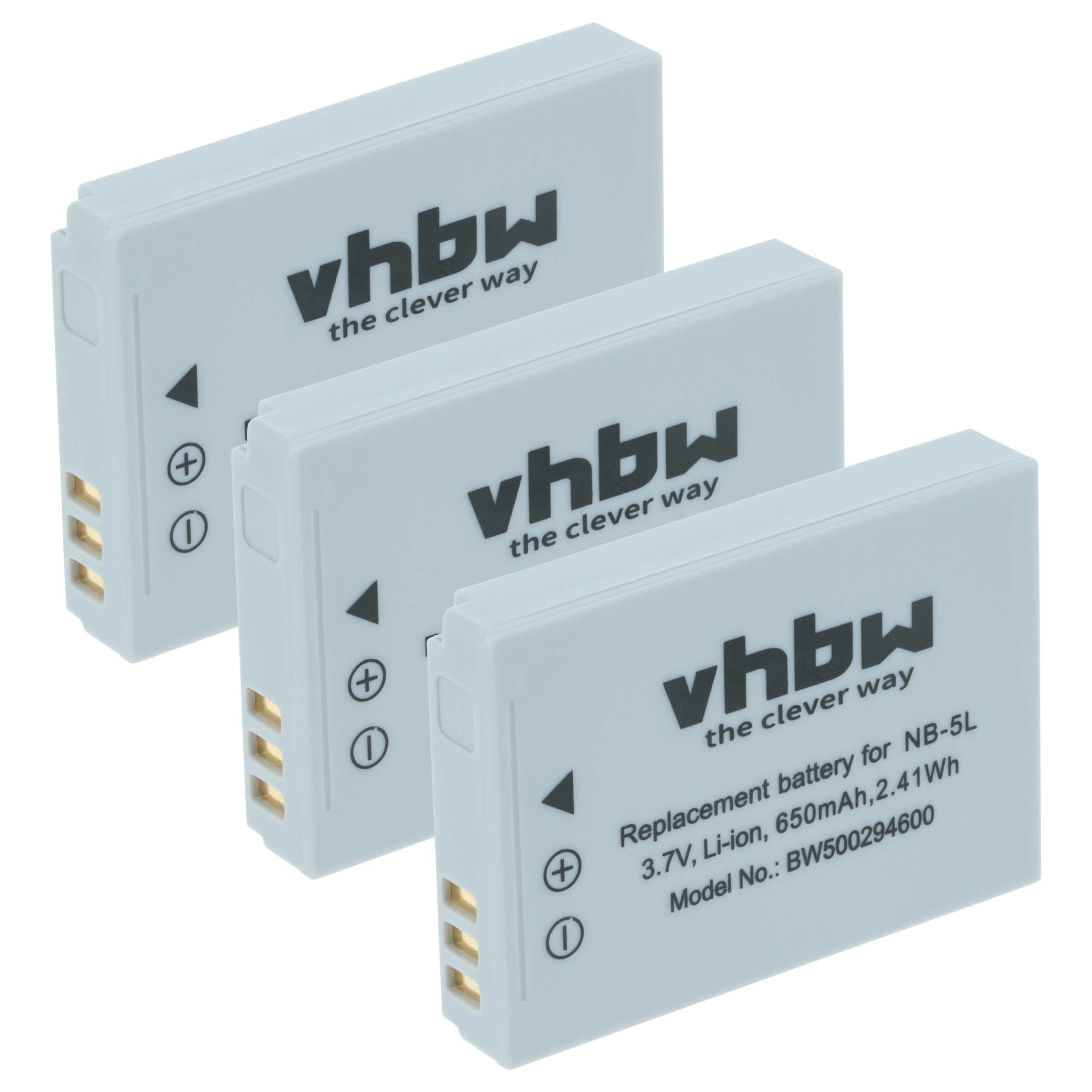 Pack com 3 Baterias vhbw NB-5L para Canon - 650mAh, 3.6V, Li-Ion