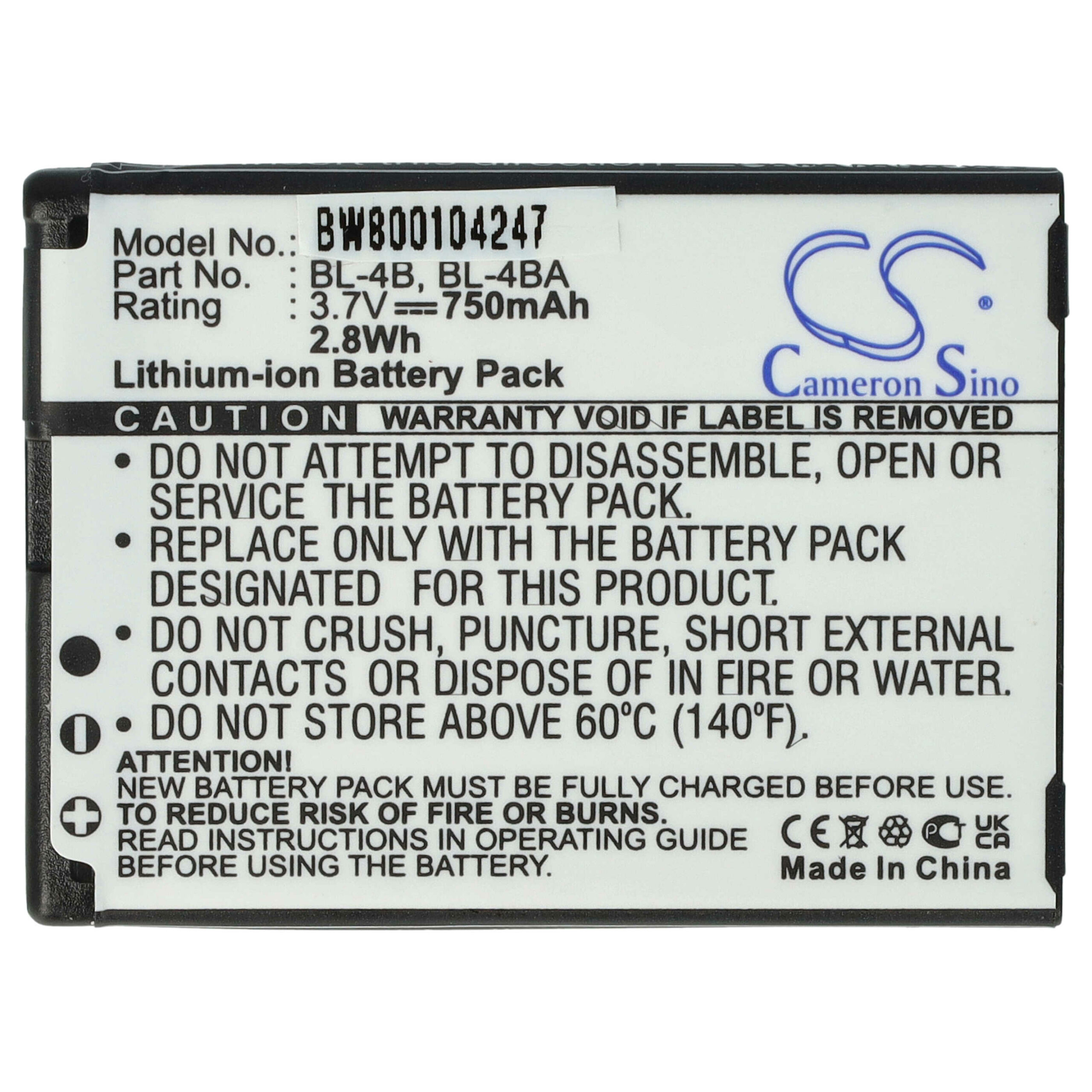 Bateria vhbw para Nokia BL-4BA, BL-4B - 800 mAh 3.7 V Li-Ion