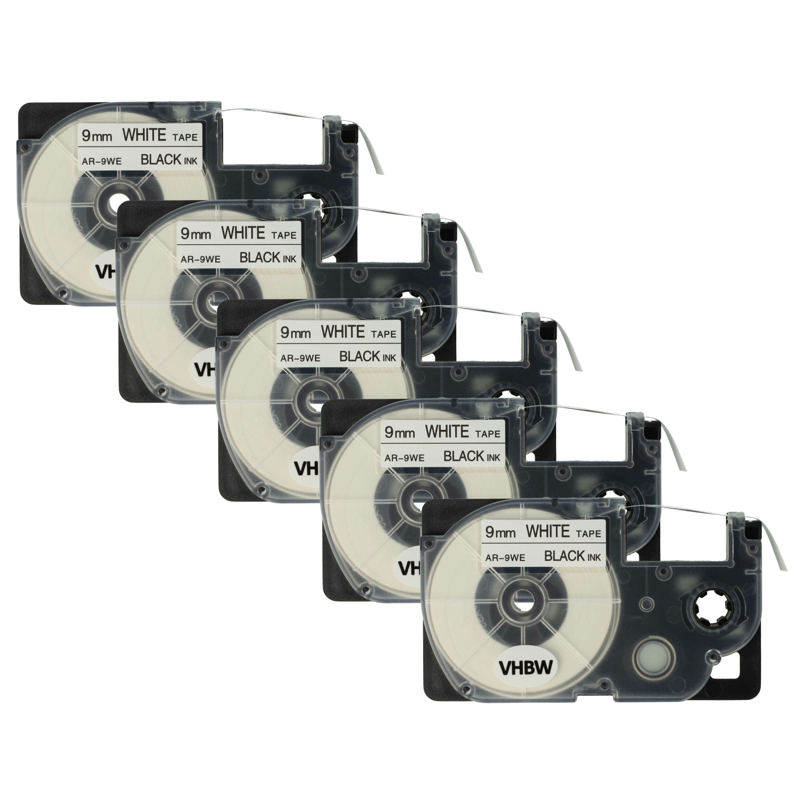5x Fita de Etiquetas compatível com Casio XR-9WE, XR-9WE1 - 9 mm Preto sobre Branco