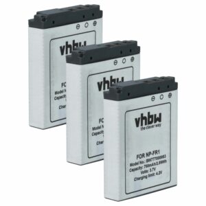 3x Bateria vhbw substitui Sony NP-FR1 - 700mAh, 3.6V, Li-Ion