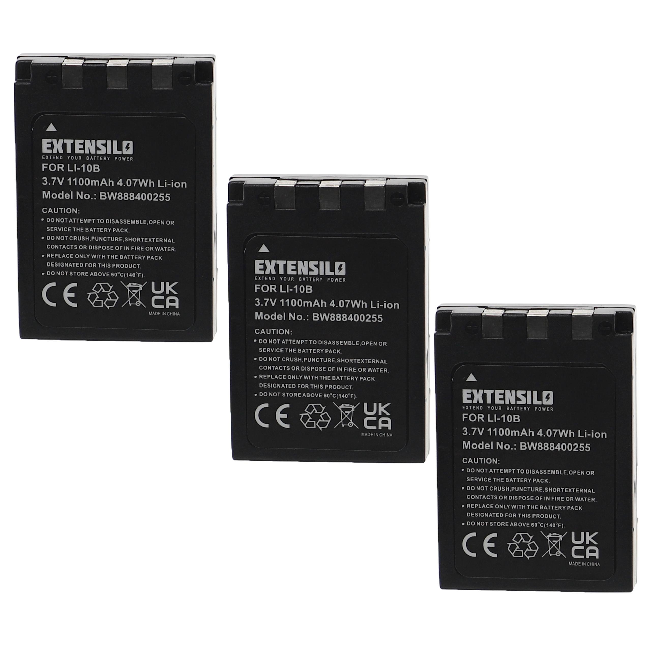3x Bateria EXTENSILO Li-Ion compatível com Olympus Li-10B, Li-12B - 1100mAh, 3.7V