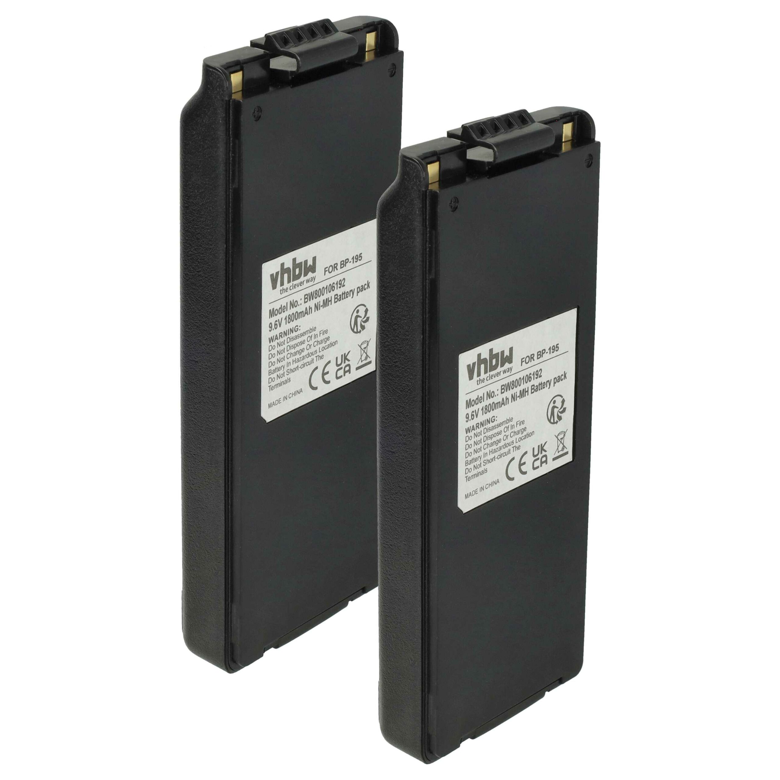 2x Bateria para Rádio Icom BP-195, BP-196H, BP-196, BP-196R - 1800 mAh 9.6 V NiMH + Clip de Cinto vhbw