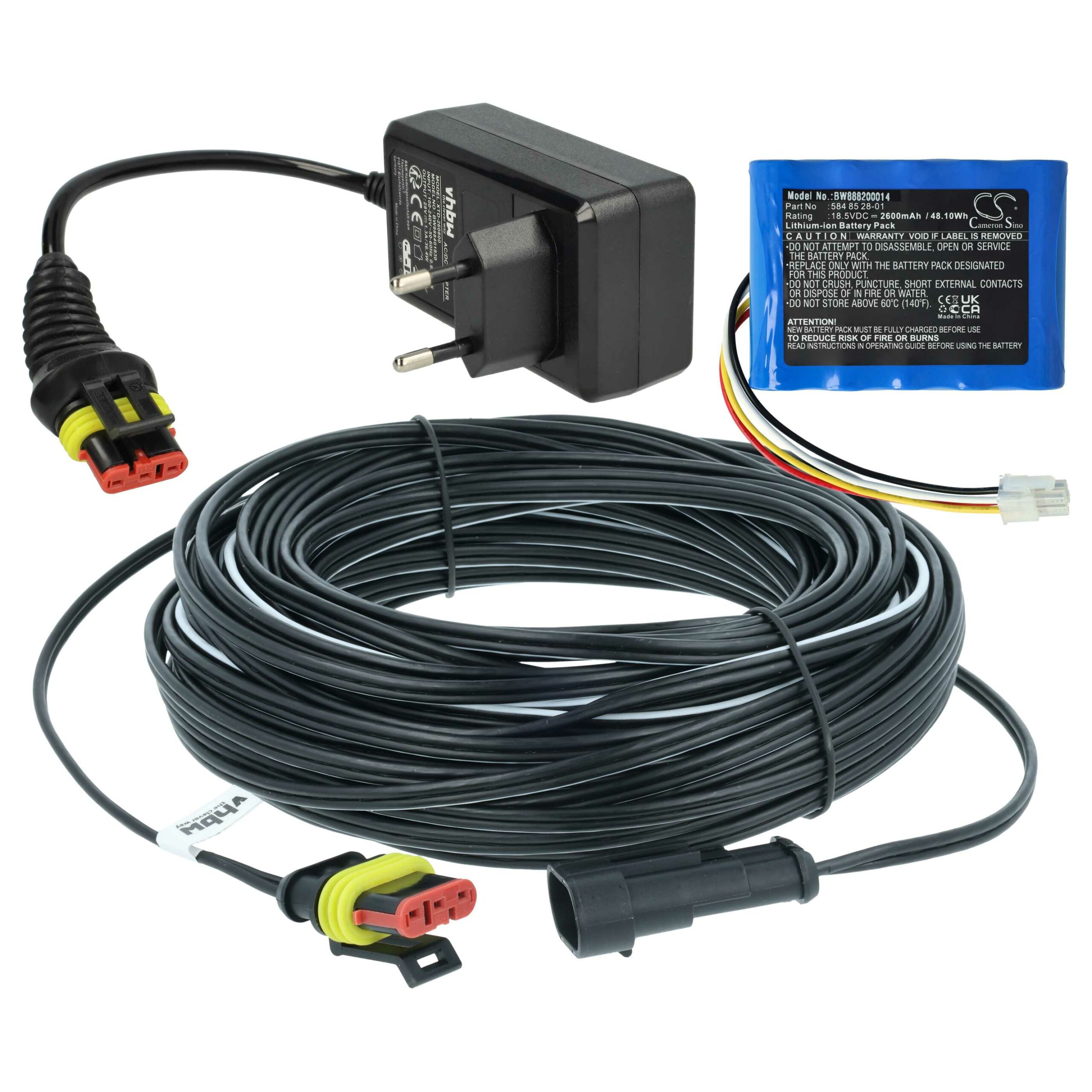 Conjunto de carregamento vhbw para cortadores de relva robóticos Gardena, Husqvarna, McCulloch e Flymo - Bateria 2600mAh + Adaptador + Cabo 20m