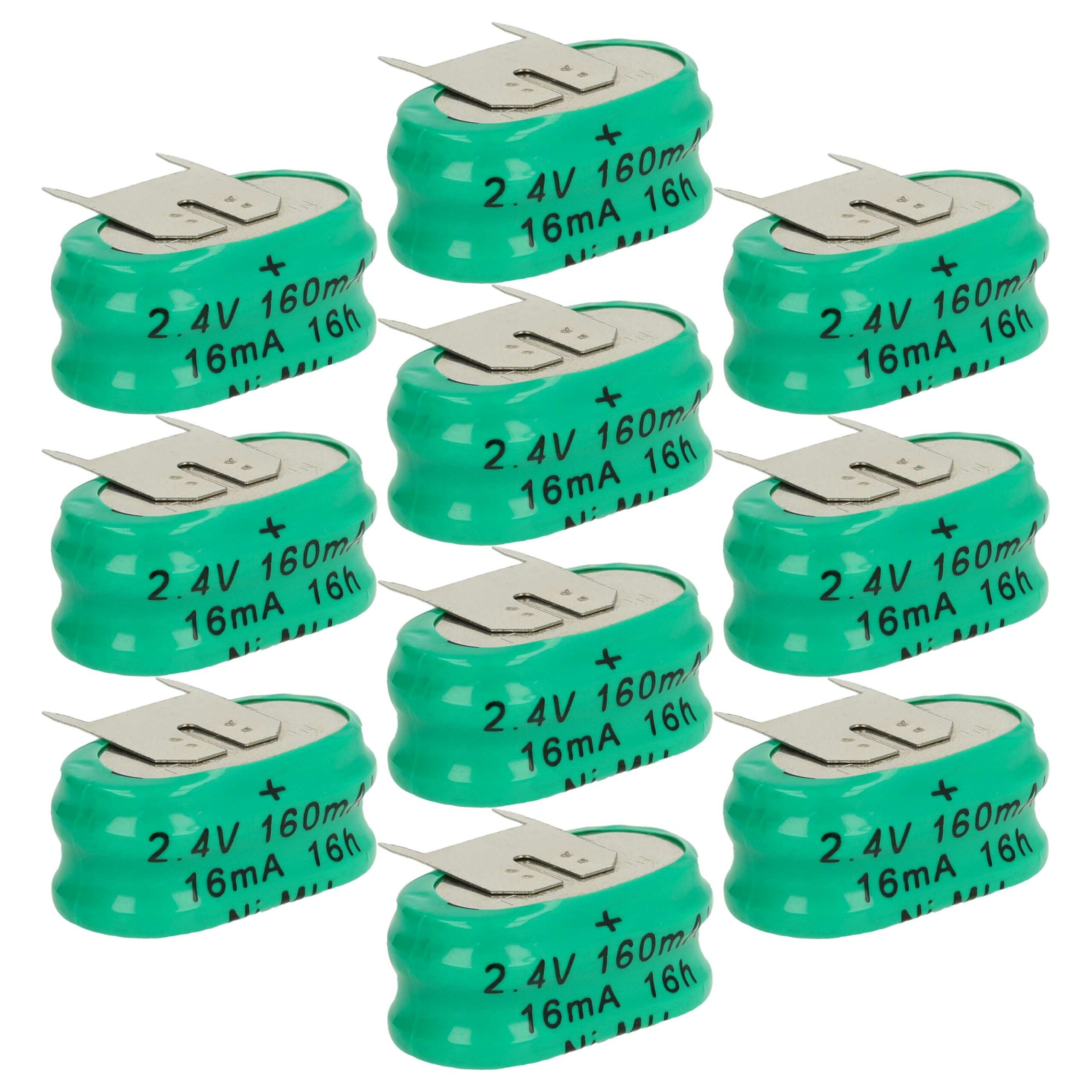 10x Bateria de Botão Recarregável Tipo 2/V150H 3 Pinos vhbw - 150 mAh 2.4V NiMH