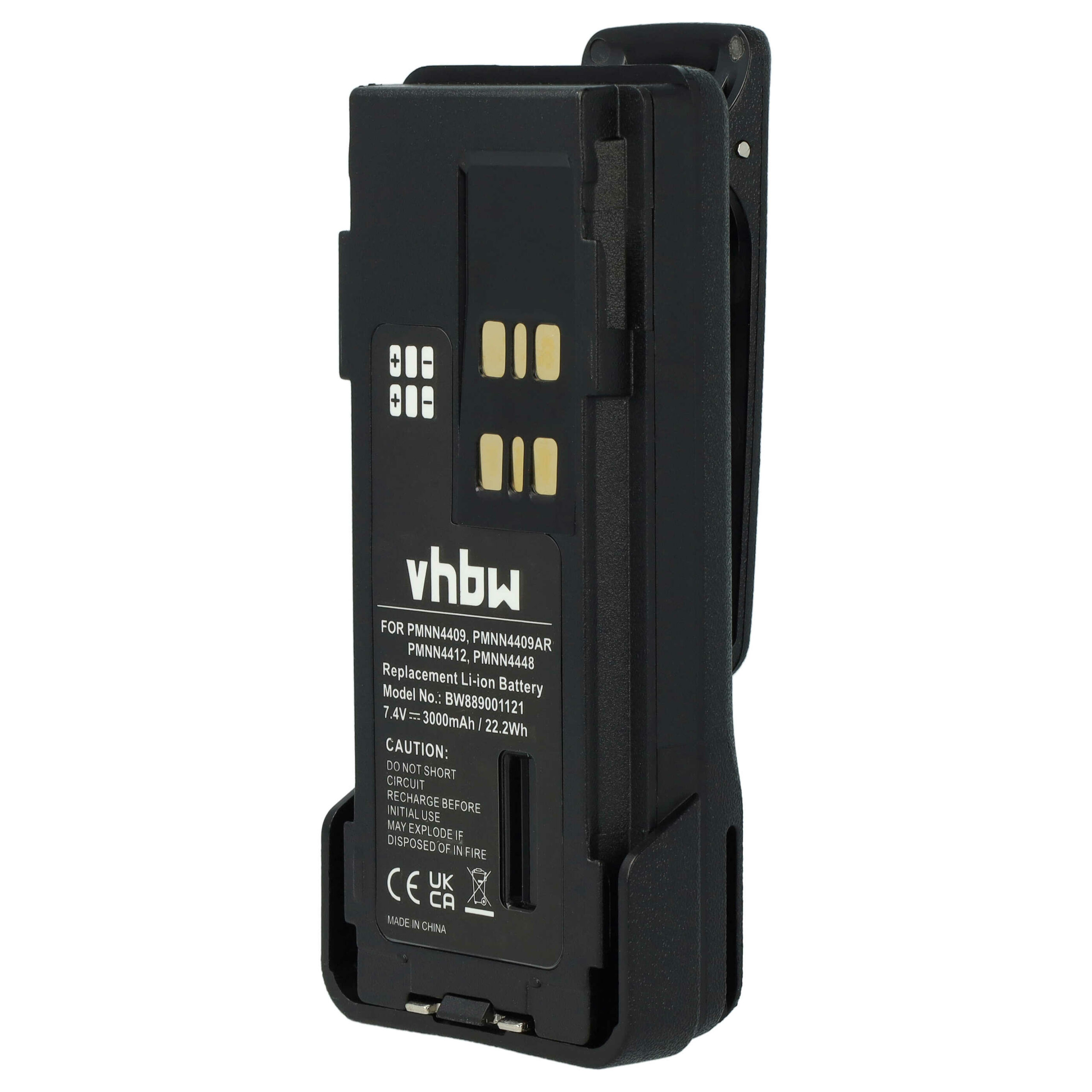 Bateria vhbw para Rádios Motorola PMNN4406, PMNN4409AR, PMNN4406BR, PMNN4409 - 3000 mAh 7.4 V Li-Ion com Clip