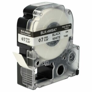 Fita de Etiquetas compatível com Epson LK-5WBA7, SU7W - Tubo Termorretrátil Preto sobre Branco, 7 mm
