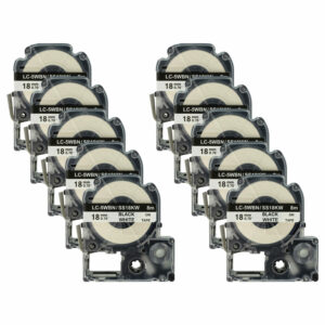 10x Fita de Etiqueta compatível Epson SS18KW, LC-5WBN - 18 mm Preto sobre Branco