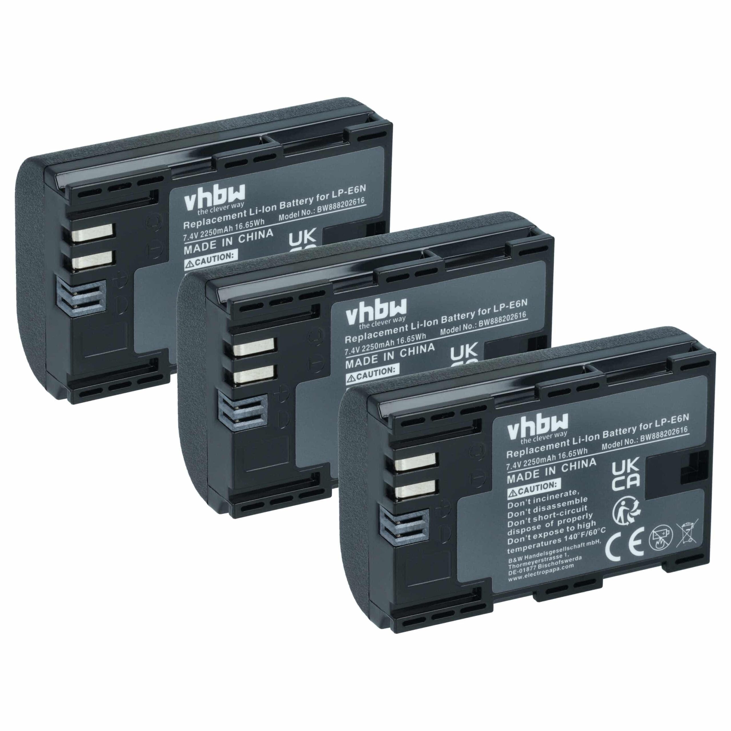3x Bateria vhbw substitui Canon LP-E6N - 2250mAh, 7.4V Li-Ion