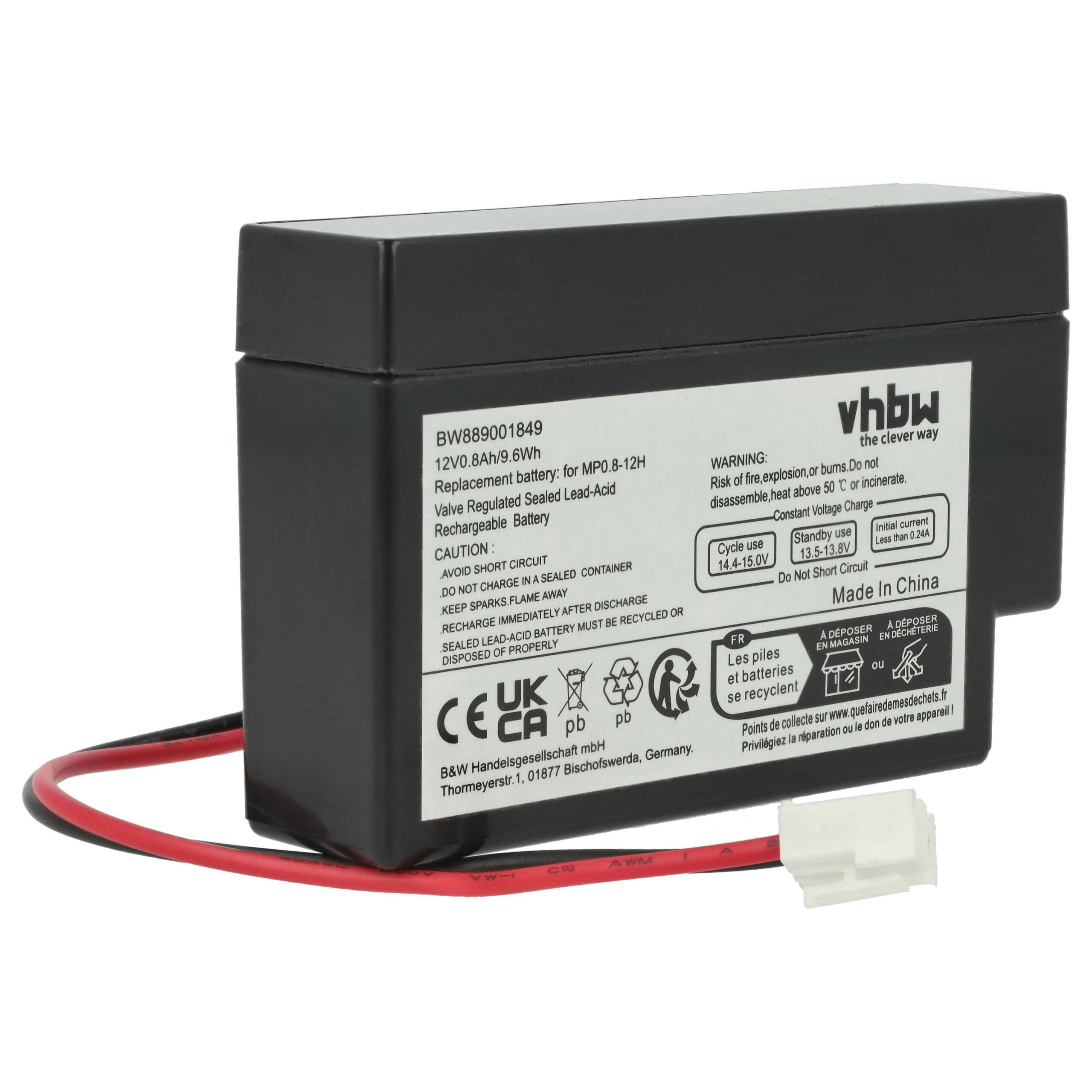 Bateria Universal vhbw 2x 800mAh 12V AGM com Conector JST (substitui MP0.8-12H) - Image 3