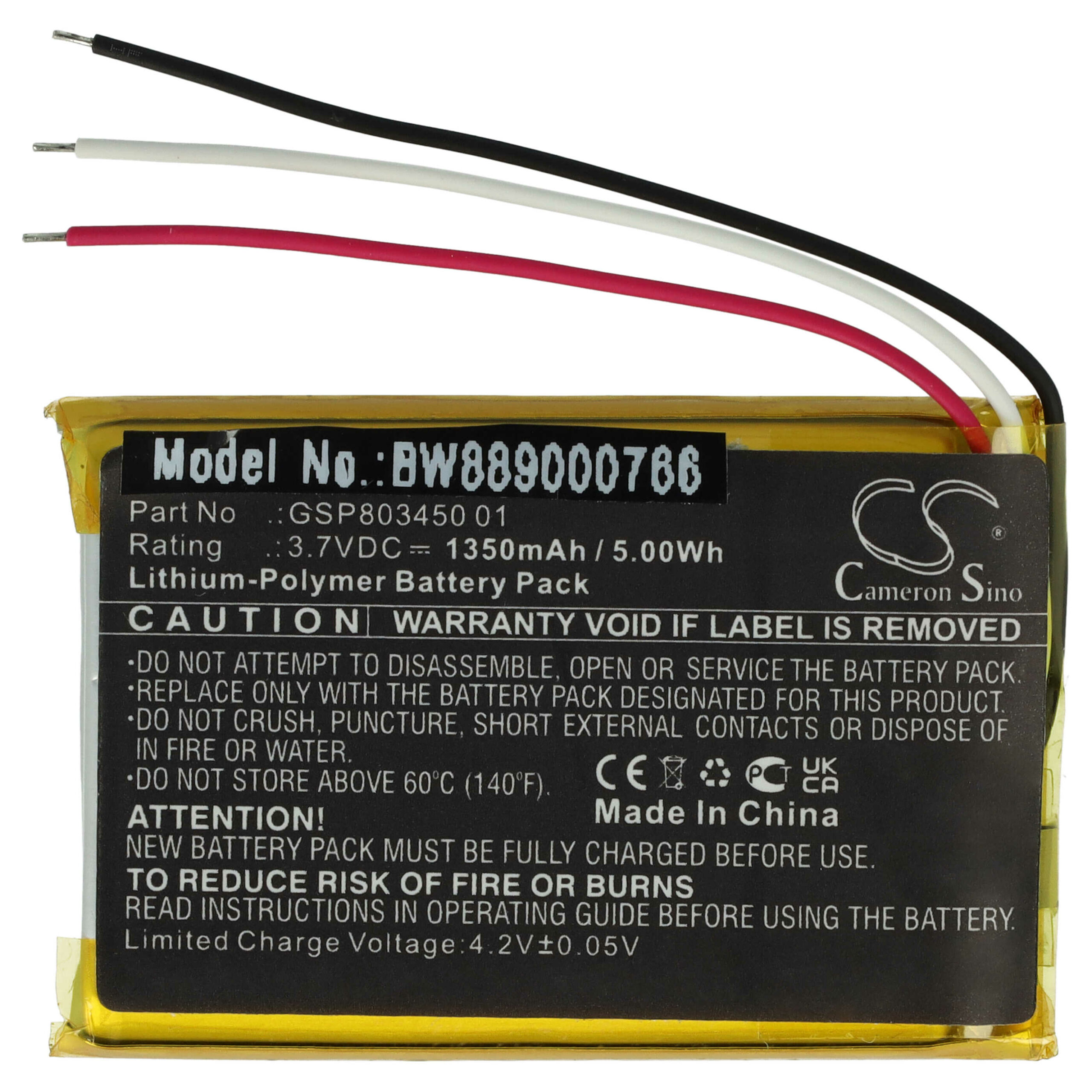 Bateria de Substituição vhbw para Estação de Carga JBL GSP803450 01 - 1350 mAh 3.7 V Li-polímero