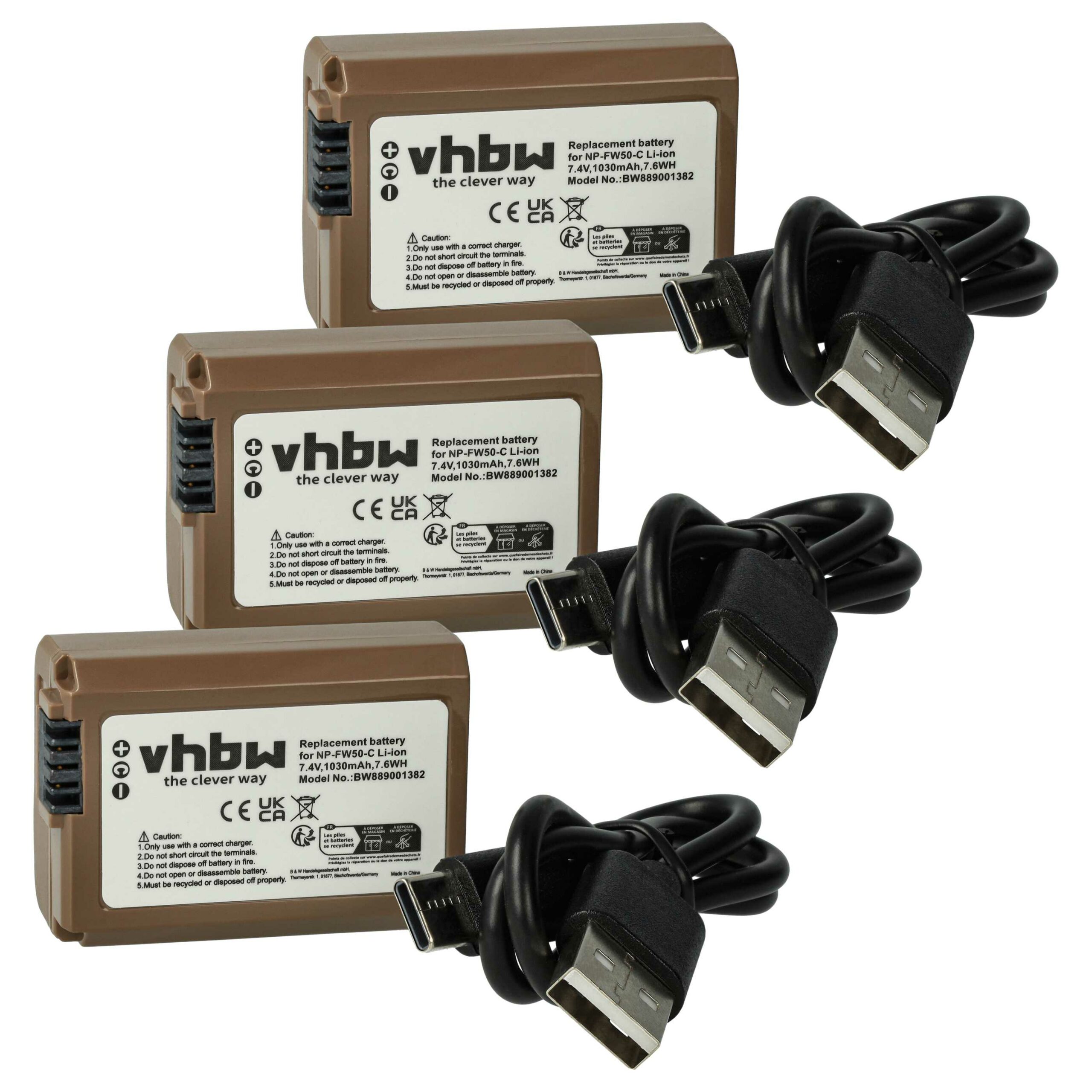 3x Bateria vhbw Sony NP-FW50 - 1030mAh, 7.4V, com Info Chip e Porta USB-C