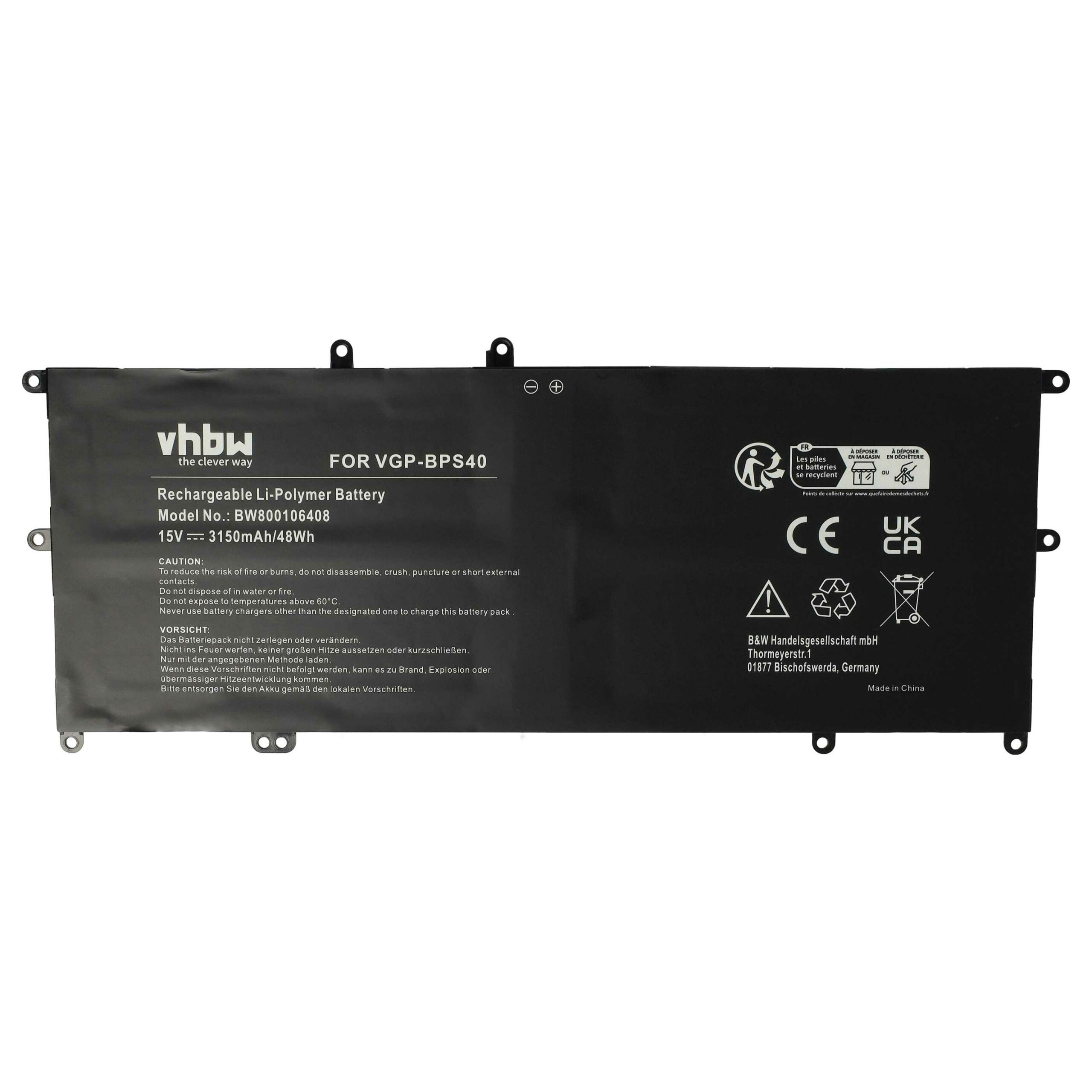 Bateria para Portátil vhbw para Sony VGP-BPS40 - 3150 mAh 15 V Li-polímero, preto - Image 3
