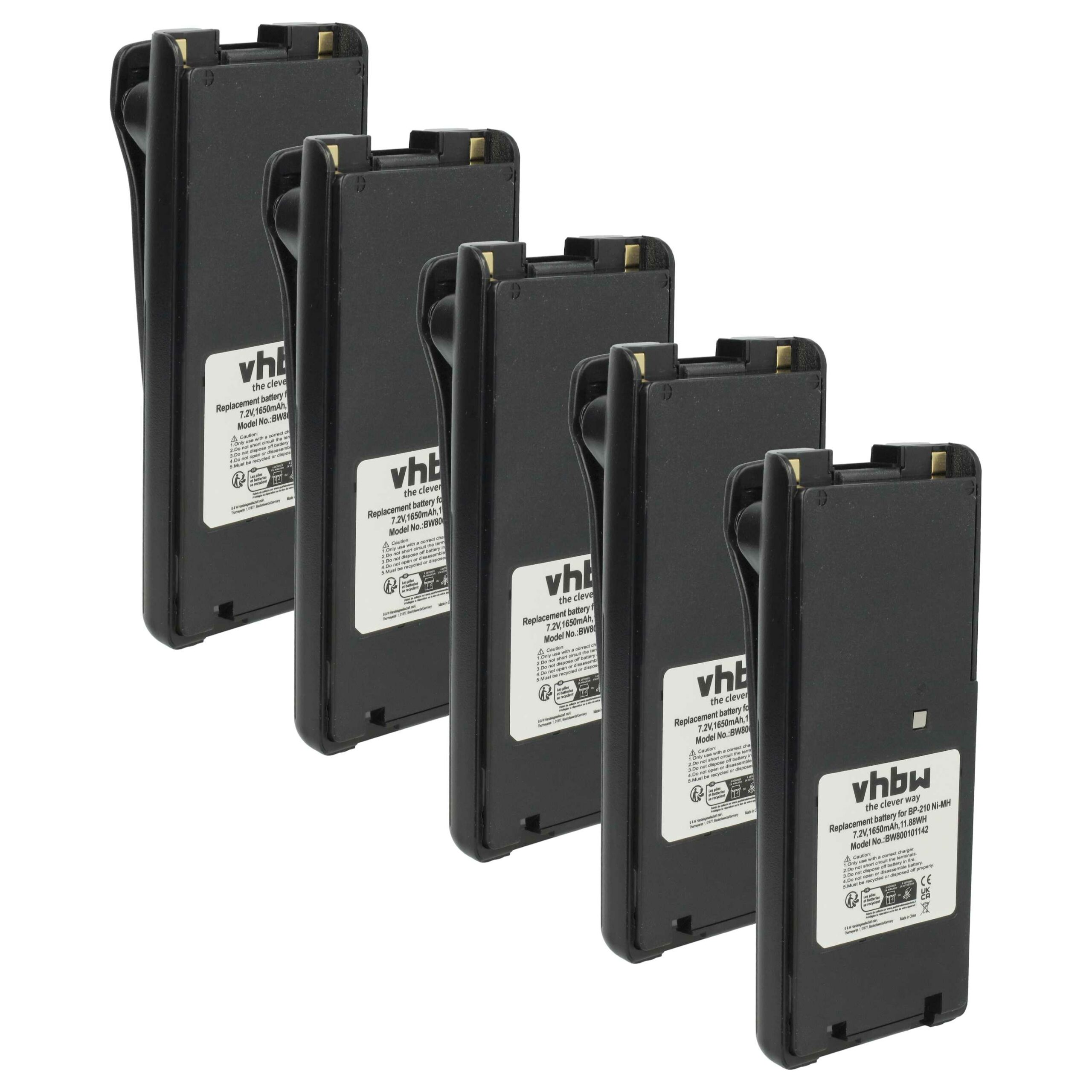 5x Baterias vhbw para Rádio Icom BP-210N, BP-211, BP-210, BP-209N, BP-209 - 1650 mAh 7.2 V NiMH + mola de cinto