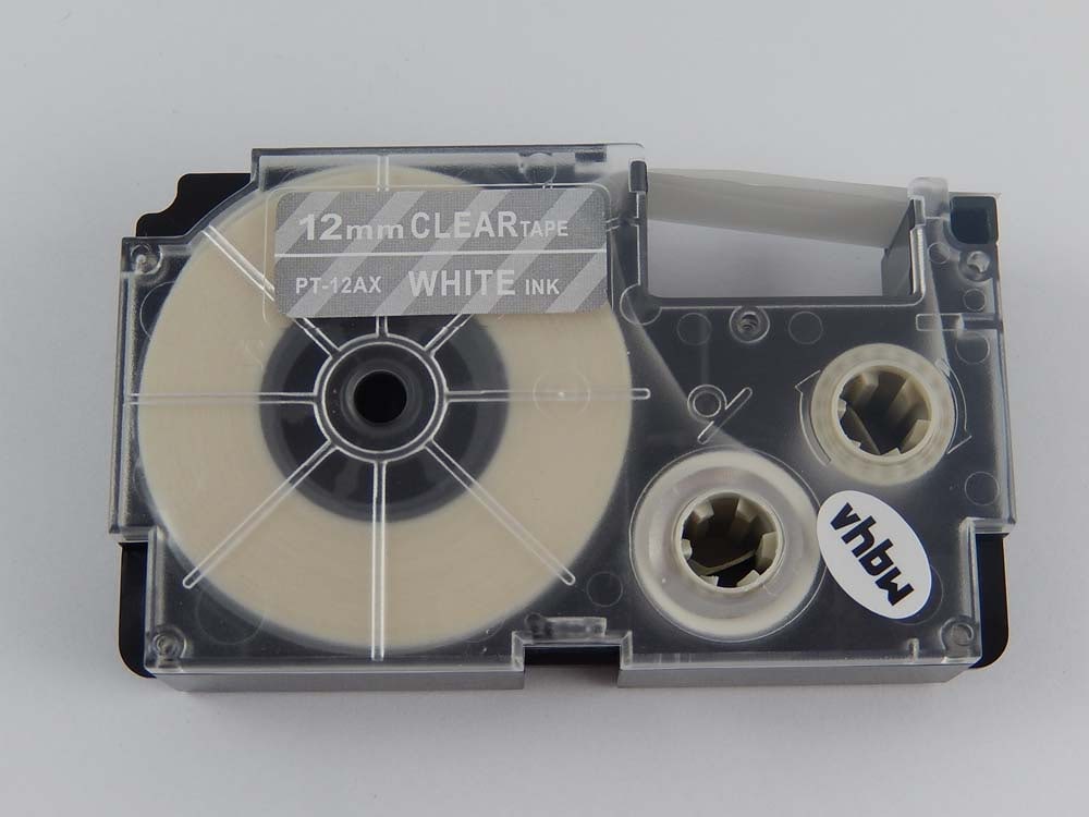 Fita para Etiquetadora vhbw substitui Casio XR-12AX, XR-12AX1 - 12 mm Branco sobre Transparente