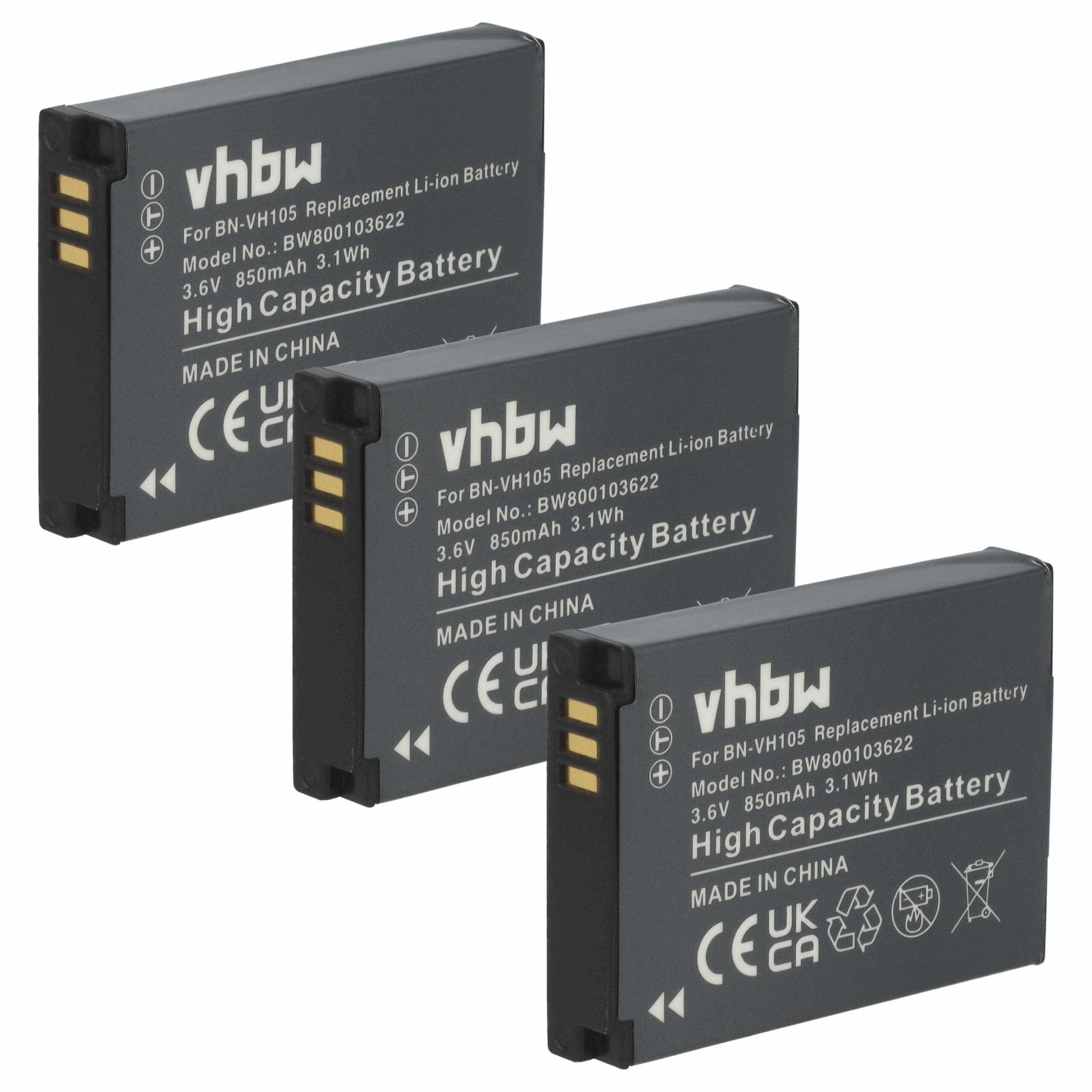 Pack de 3 Baterias vhbw para Câmara JVC (BN-VH105) 850 mAh 3.6 V Li-Ion