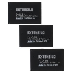 3x Bateria Extensilo para Canon LP-E12 - 820mAh, 7.4V, Li-Ion