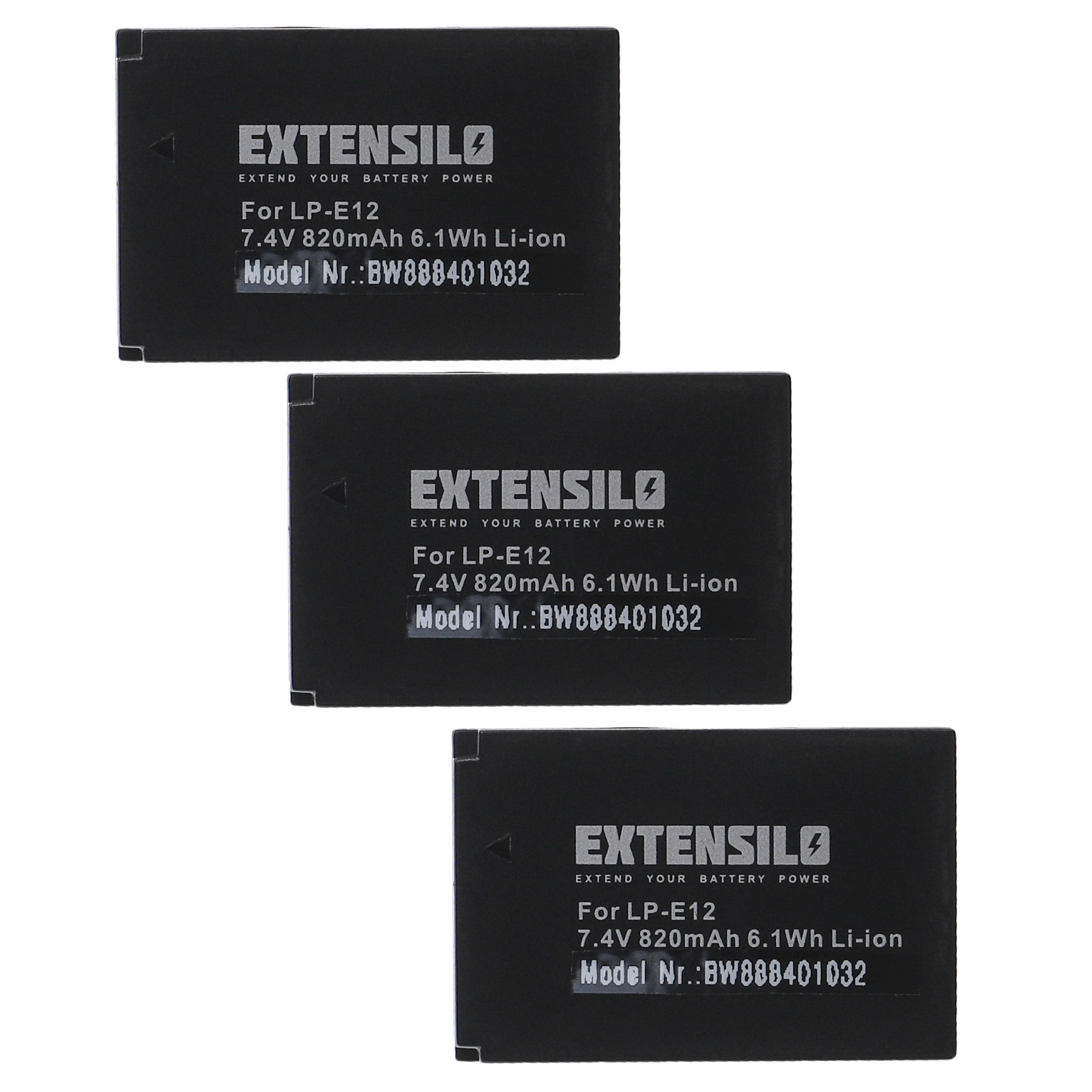 3x Bateria Extensilo para Canon LP-E12 - 820mAh, 7.4V, Li-Ion