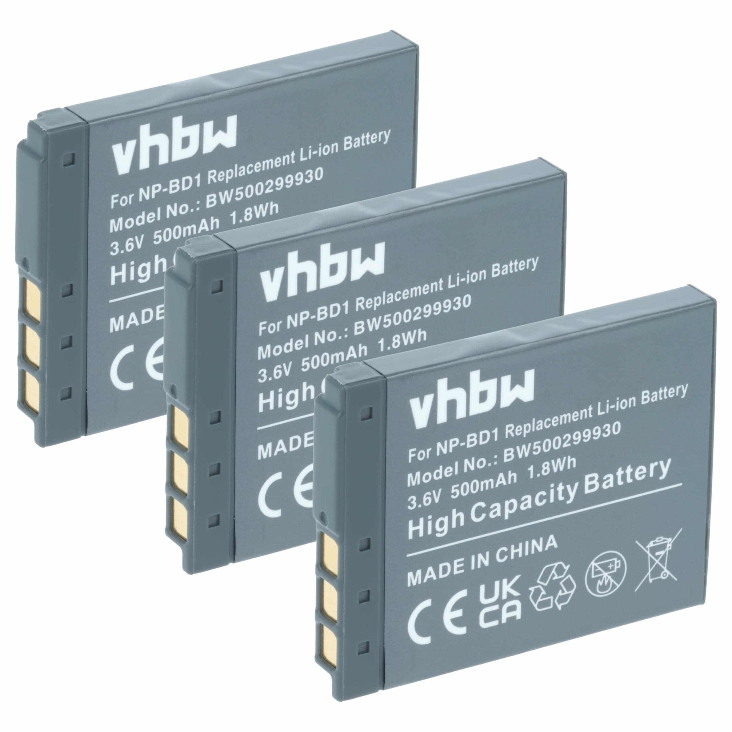 3x Baterias vhbw para Sony NP-FD1, NP-BD1 - 500mAh, 3.6V