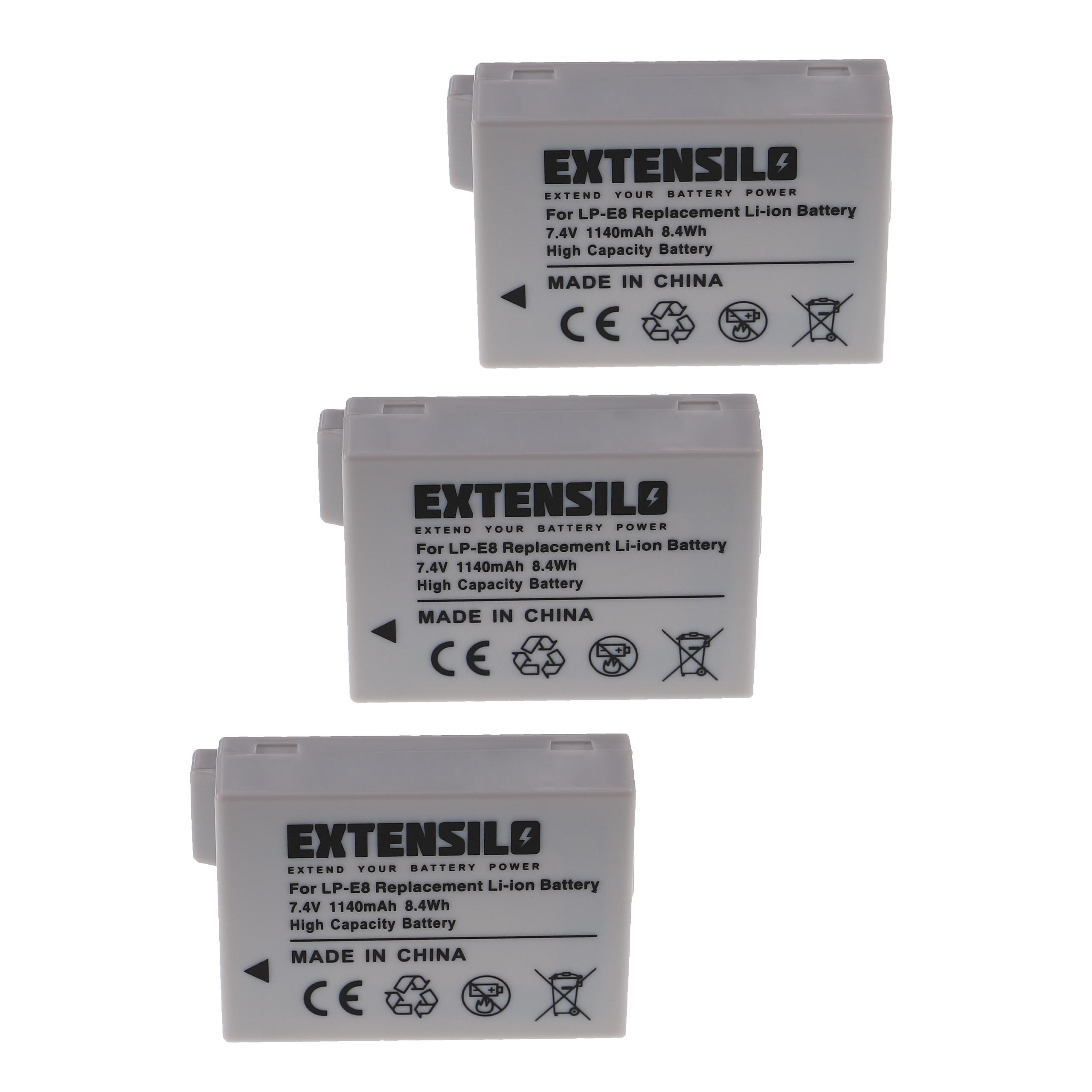 3x Bateria Extensilo para Canon LP-E8 - 1140mAh, 7.4V