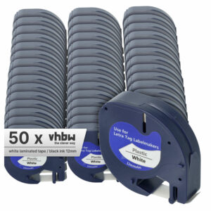 50x Fita de Etiquetas vhbw 12 mm Preto sobre Branco para Dymo LetraTag