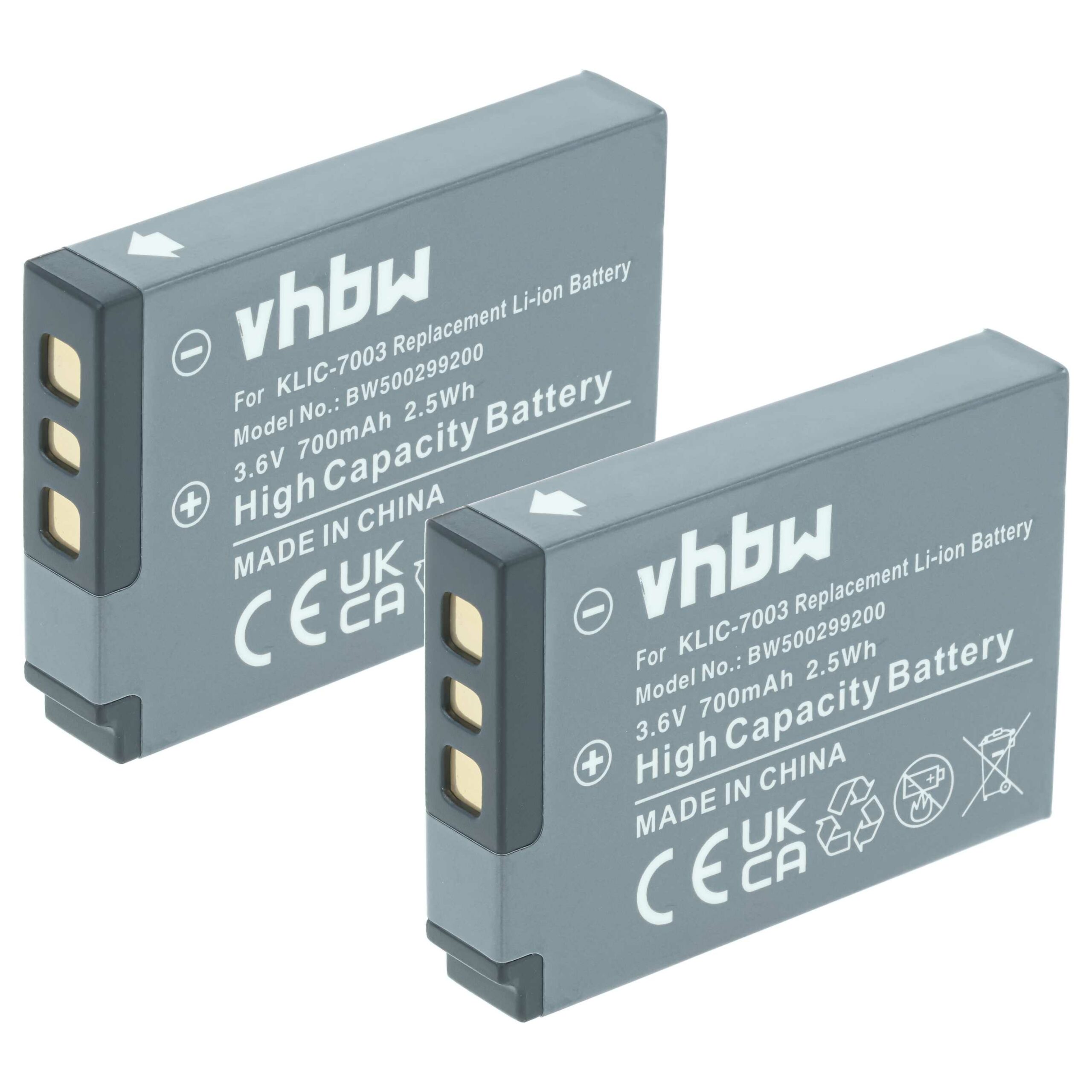 2x Bateria vhbw para Kodak Klic-7003 700mAh 3.6V Li-Ion