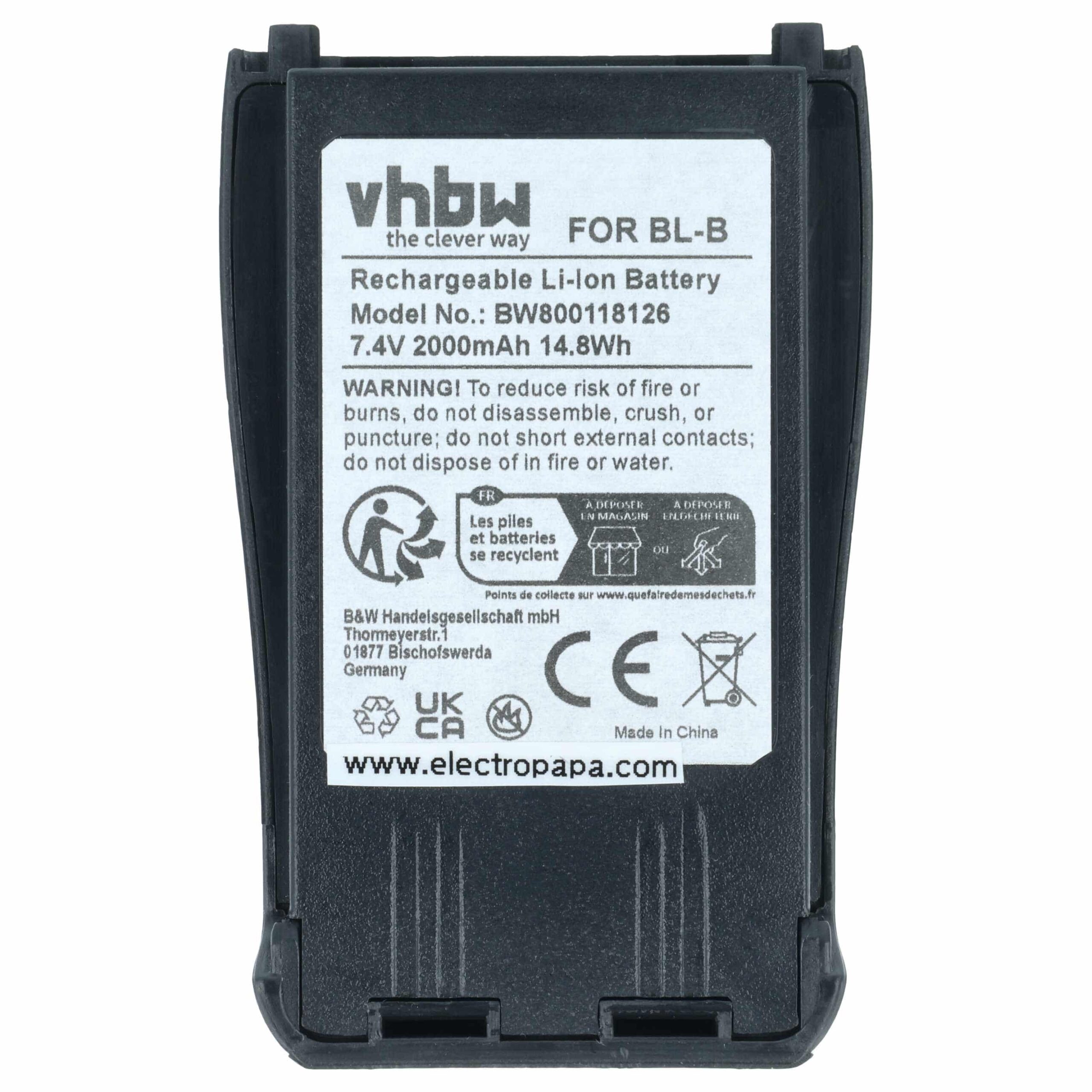 Bateria de rádio vhbw substitui Baofeng BL-B - 2000 mAh 7.4 V Li-Ion - Image 3
