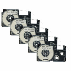 5x Fita de Etiquetas vhbw substitui Casio XR-6WE1, XR-6WE - 6 mm Preto sobre Branco