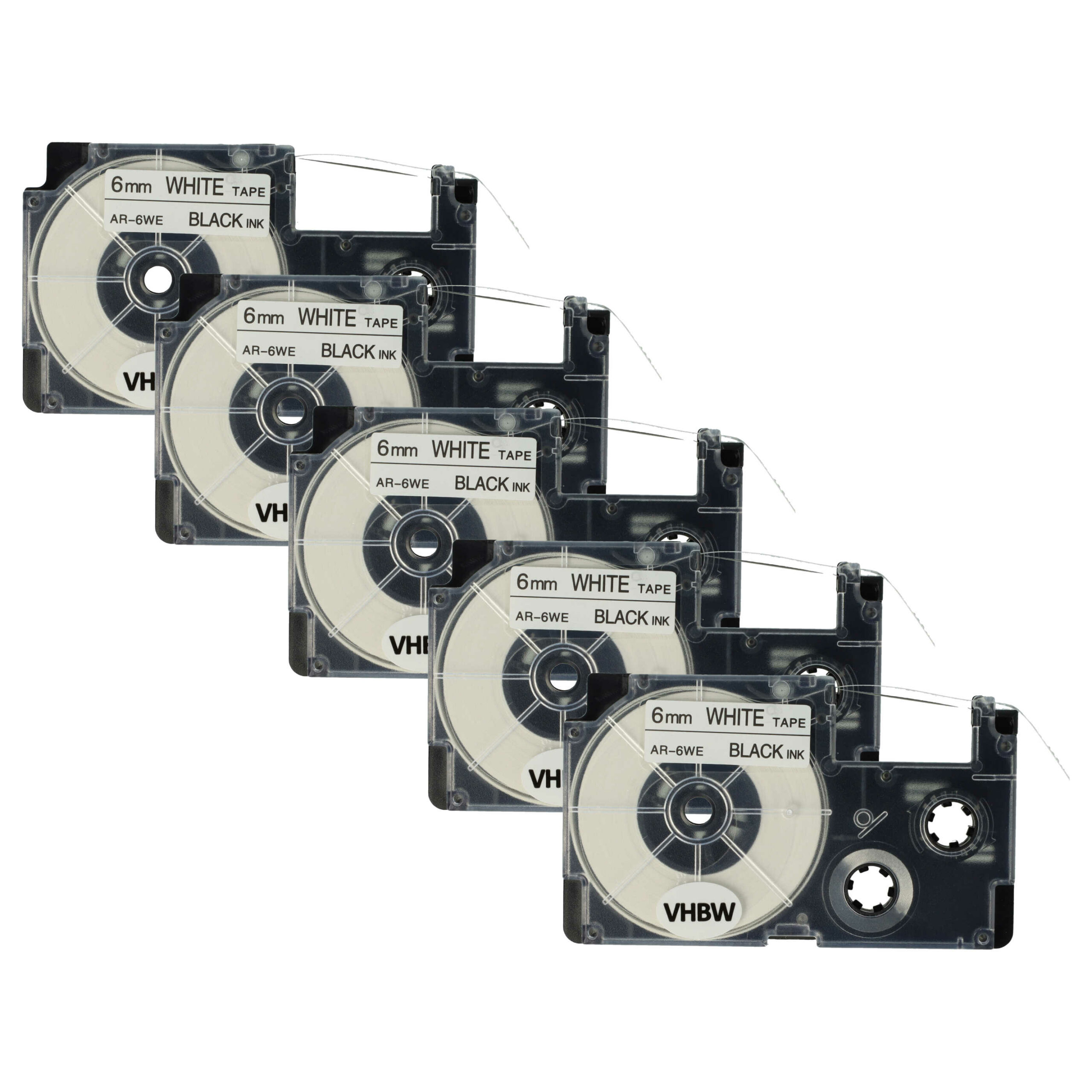5x Fita de Etiquetas vhbw substitui Casio XR-6WE1, XR-6WE - 6 mm Preto sobre Branco