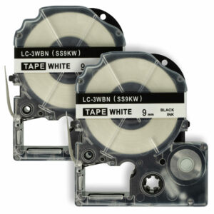 2x Fita de Etiquetas vhbw substitui Epson SS9KW, LC-3WBN - 9 mm Preto sobre Branco