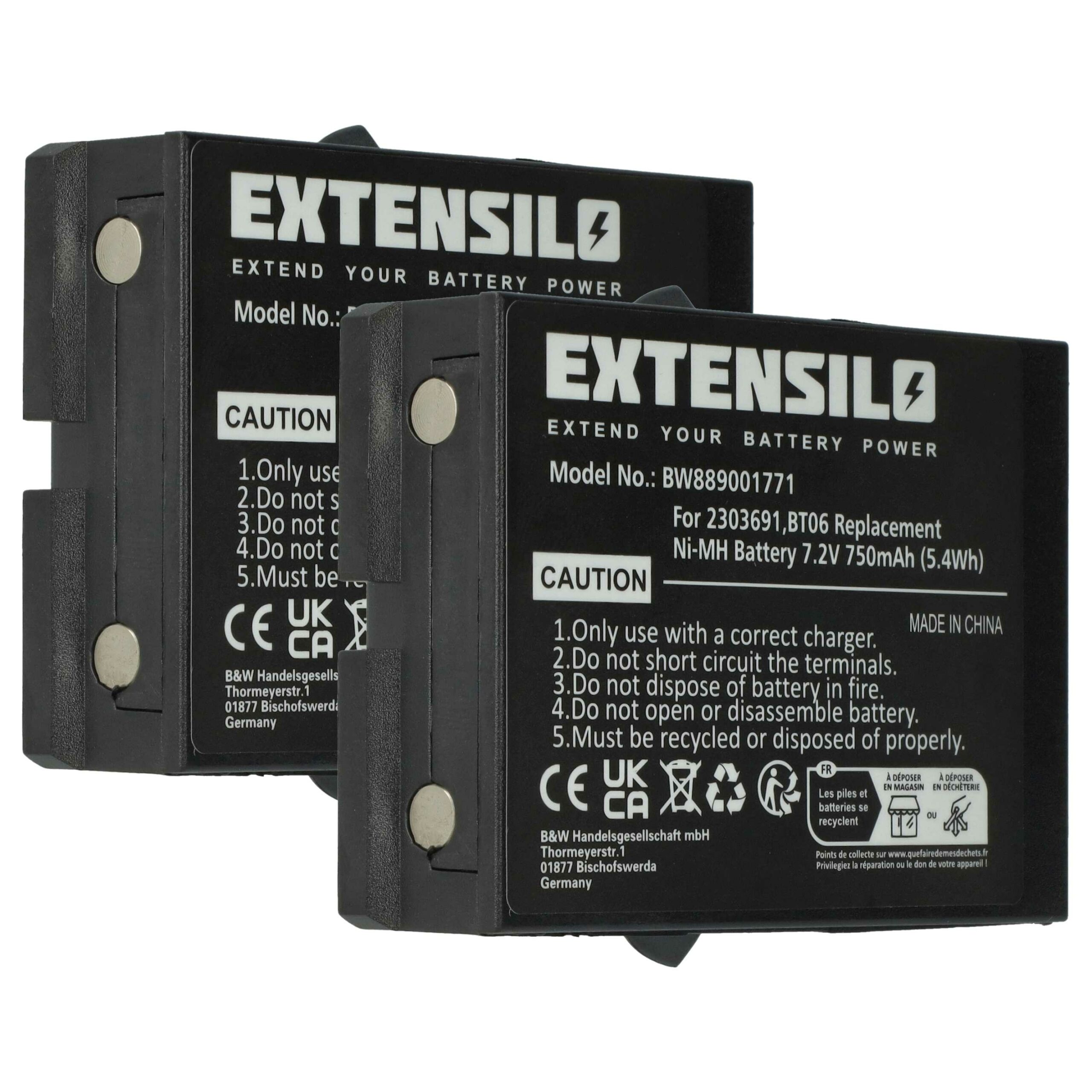 2x Bateria EXTENSILO para Danfoss 2303691, BT06 Controlo Remoto - 750 mAh