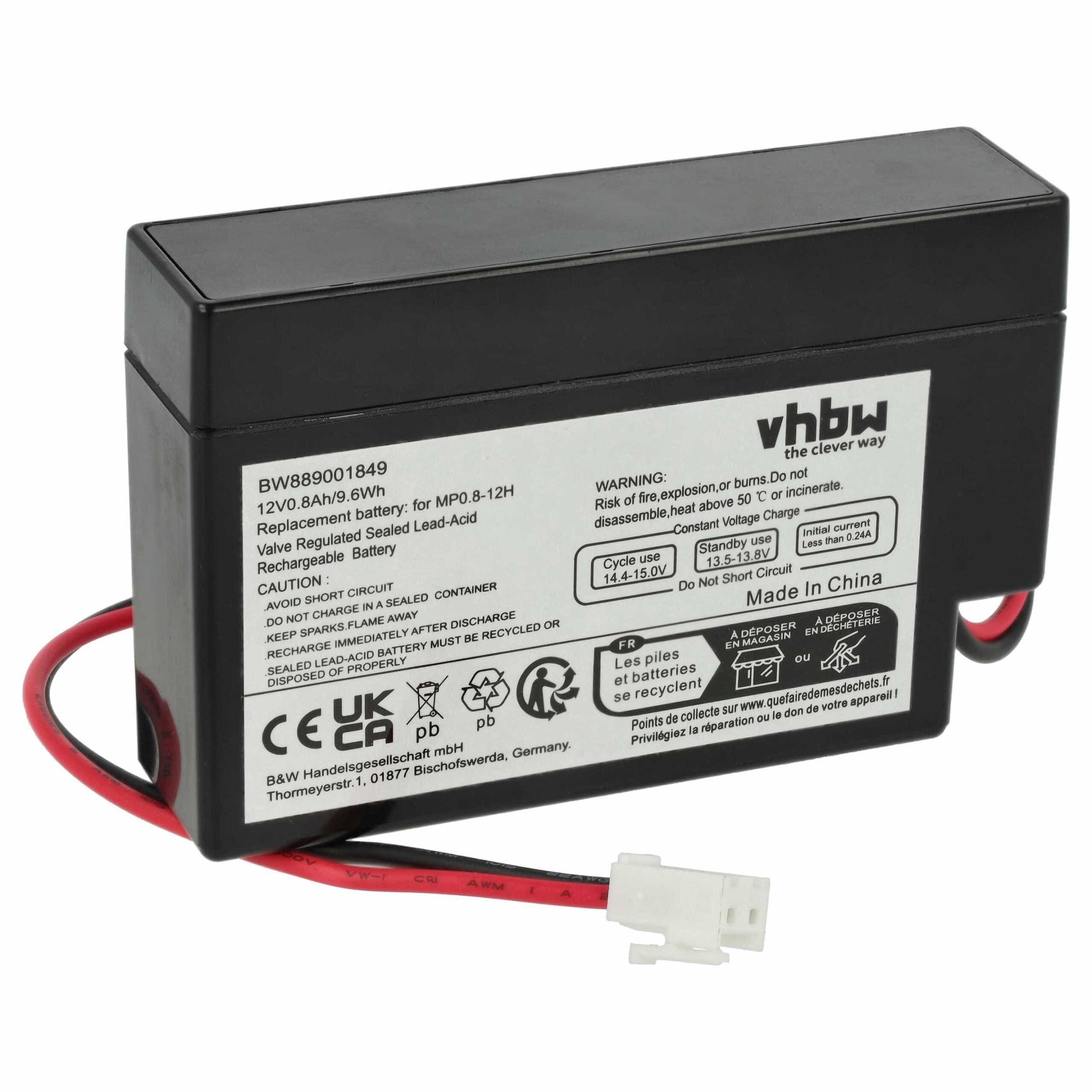 Bateria vhbw Universal 800 mAh 12 V AGM, conetor JST