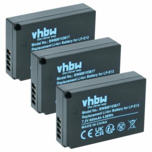 3x Bateria vhbw substitui Canon LP-E12 - 650mAh, 7.2V, Li-Ion