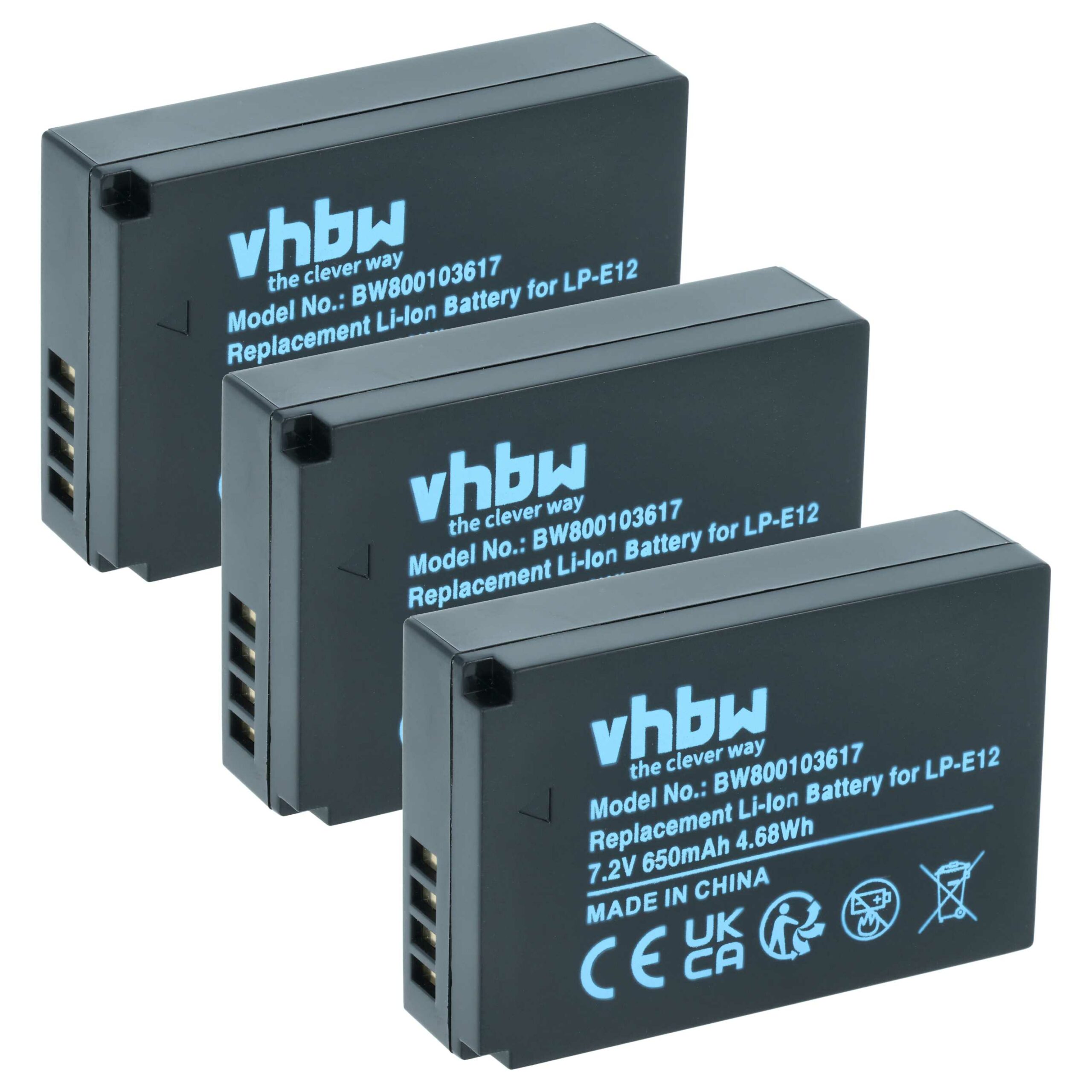 3x Bateria vhbw substitui Canon LP-E12 - 650mAh, 7.2V, Li-Ion