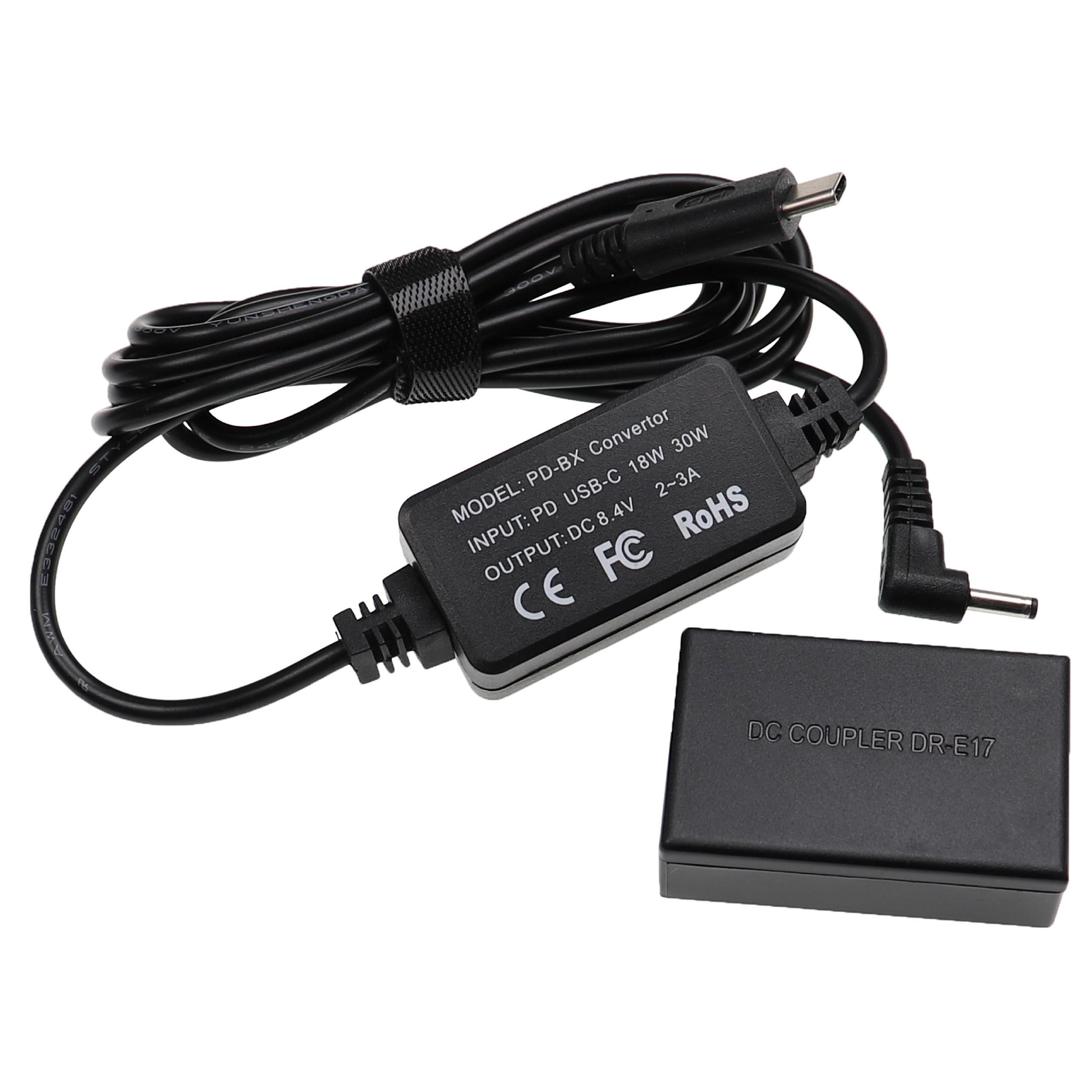 Carregador USB vhbw com Acoplador CC para Canon ACK-E17 - 2 m, 8,4 V 3,0 A
