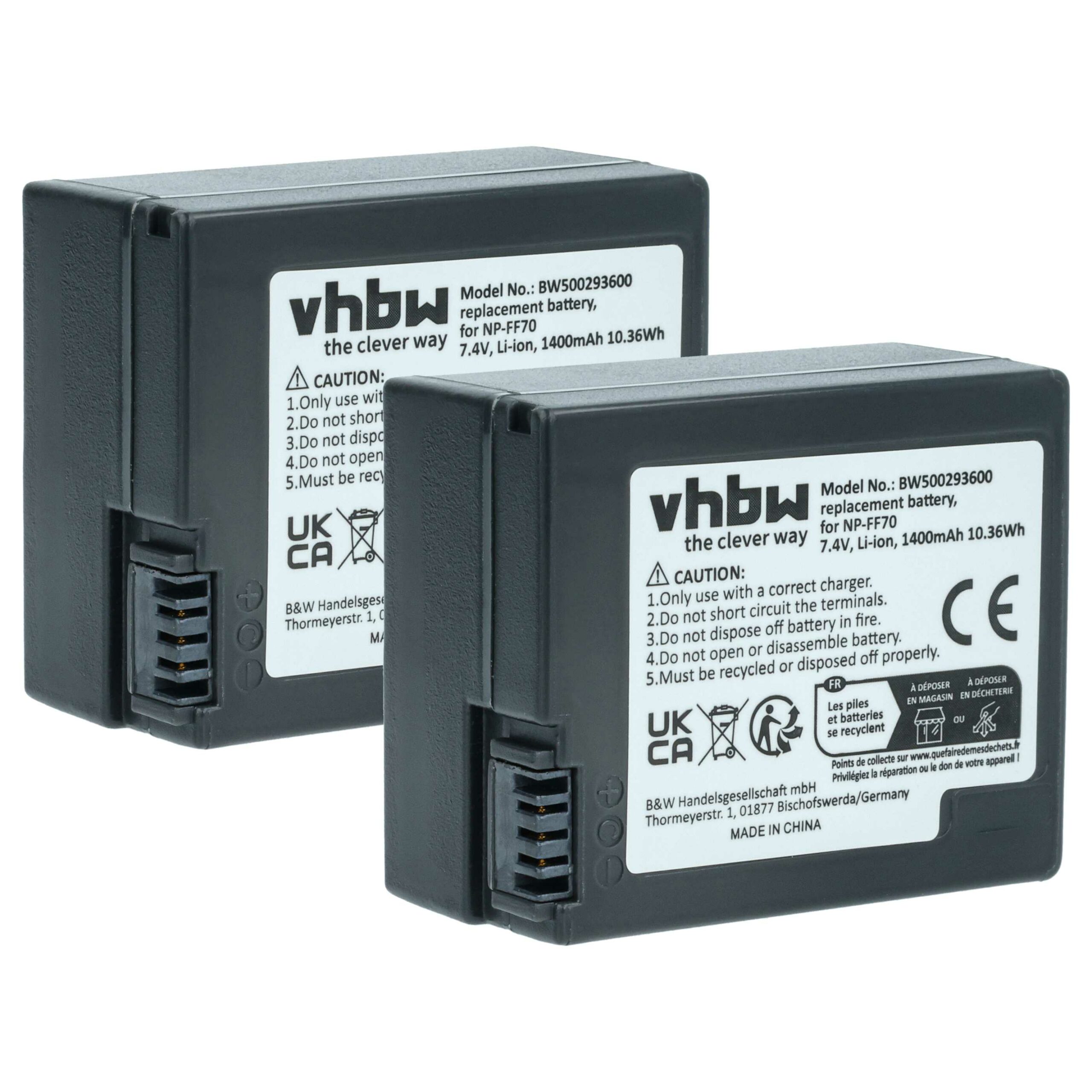 Bateria vhbw 2x para câmara Sony NP-FF71, NP-FF70 - 1400 mAh 7.4 V