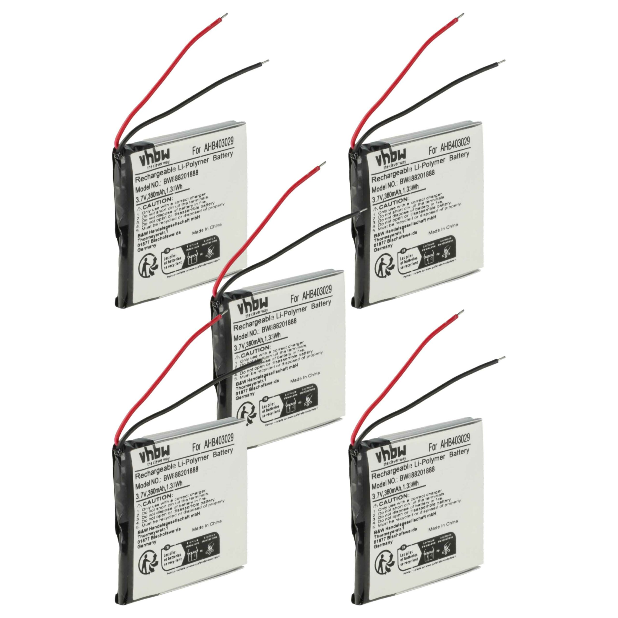 Bateria vhbw para Auscultadores sem Fios Plantronics AHB403029, 360 mAh, 3.7 V Li-Polymer (5 unidades)