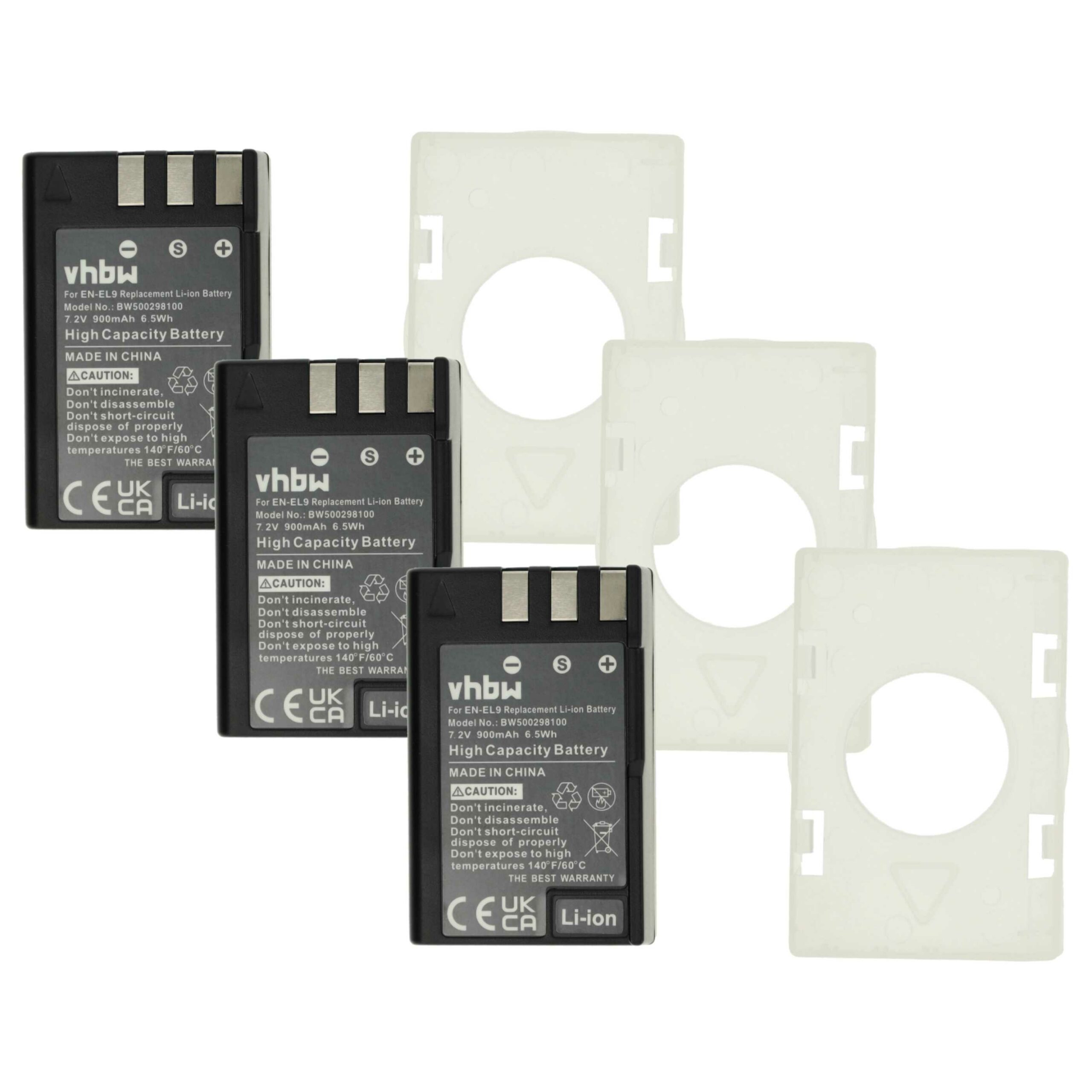3x Bateria vhbw para Nikon EN-EL9, EN-EL9a, EN-EL9E - 900mAh, 7.2V