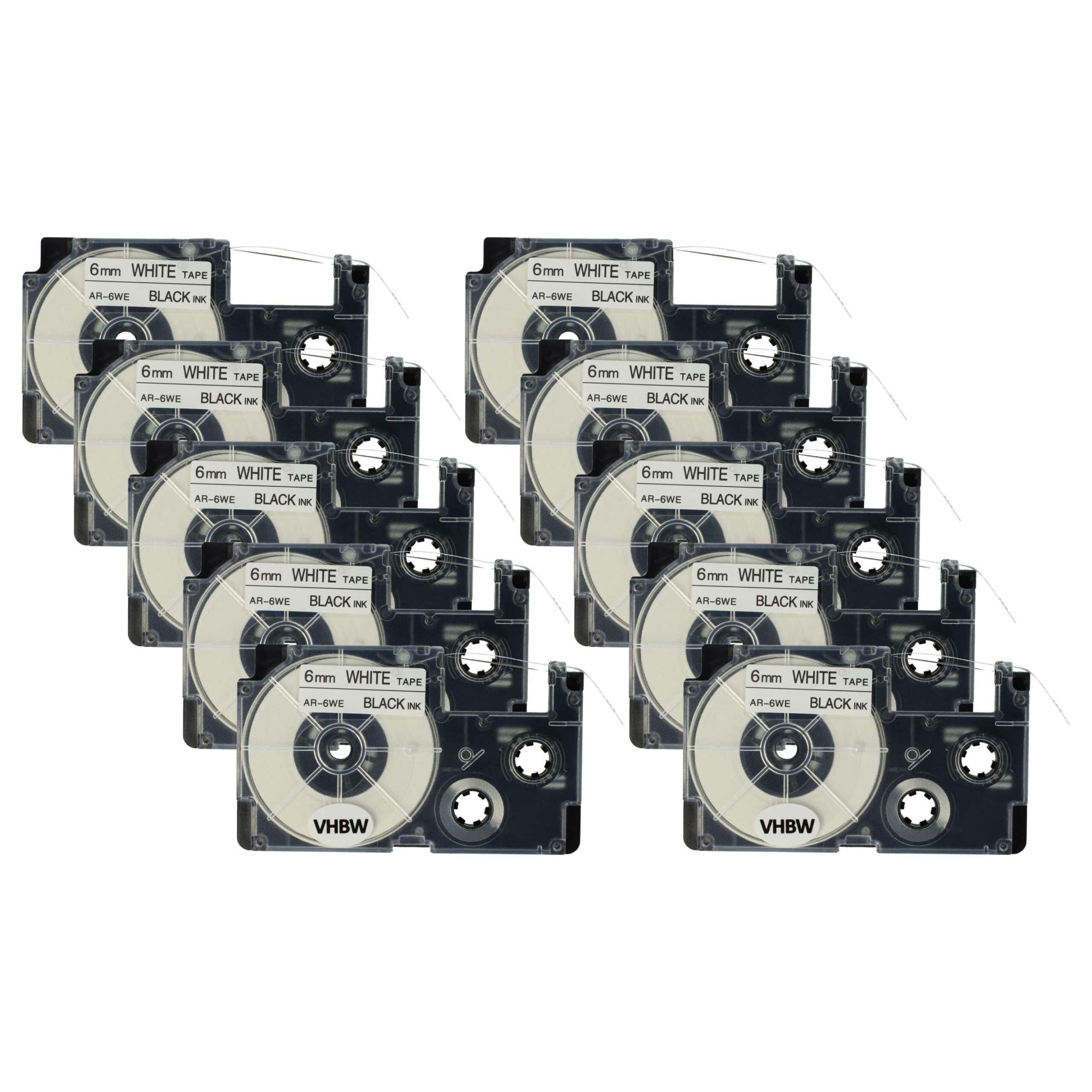 Pack de 10 Fitas de Etiquetas vhbw para Casio XR-6WE1, XR-6WE - 6 mm Preto sobre Branco