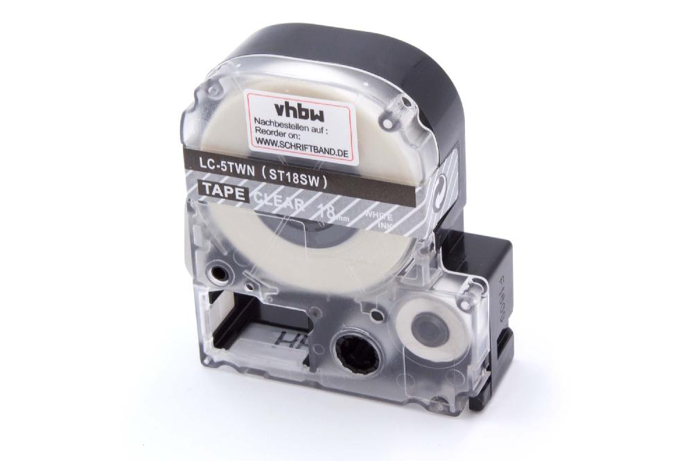 Fita de Etiquetas vhbw substitui Epson LC-5TWN - 18 mm Branco sobre Transparente